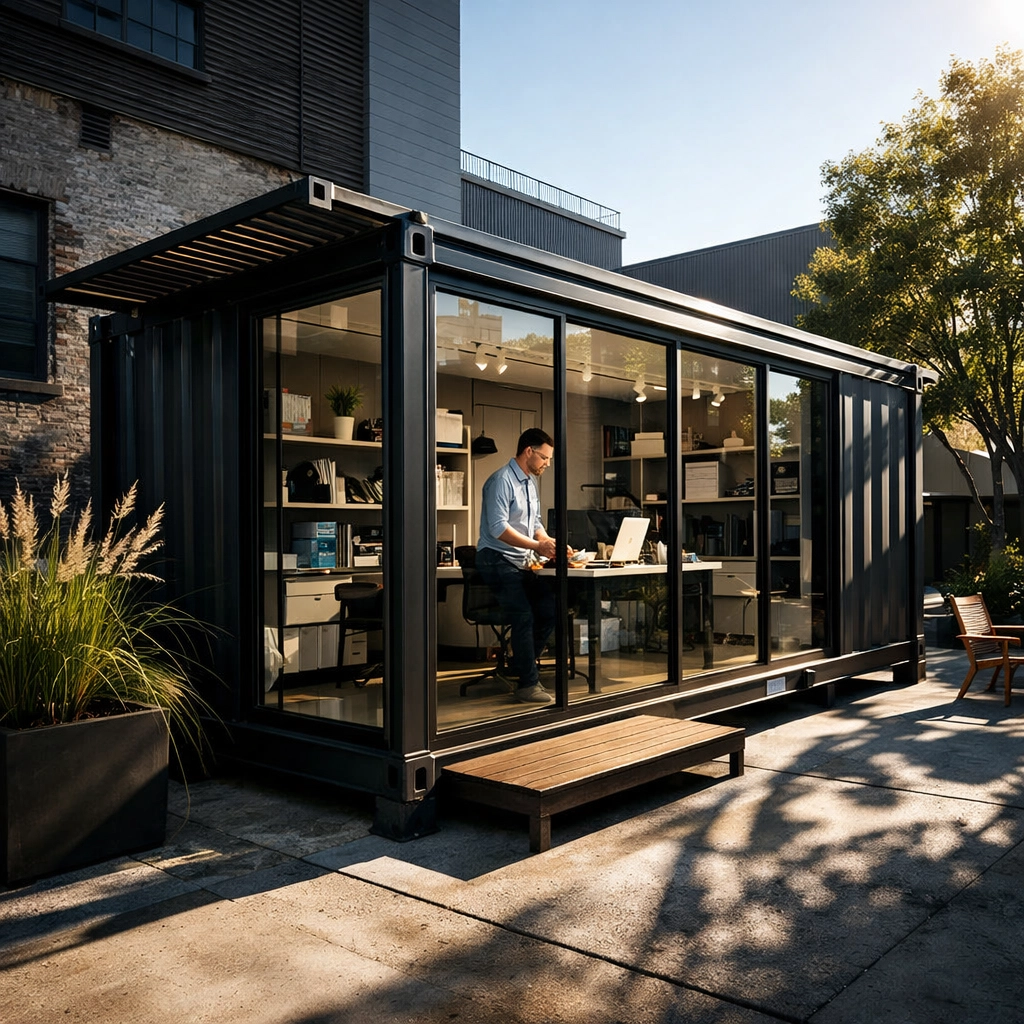 A mobile modular training pod in an urban courtyard providing accessible high-tech career training.