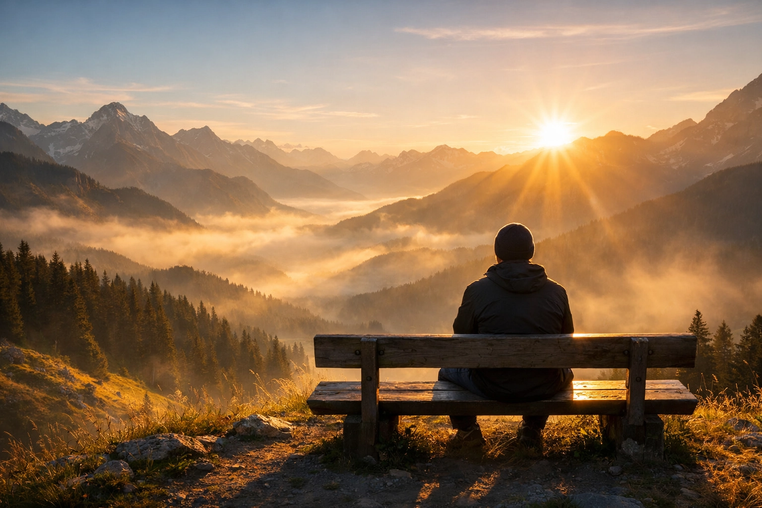 Person sitting on a bench overlooking mountains at sunrise, reflecting on their identity in Christ.