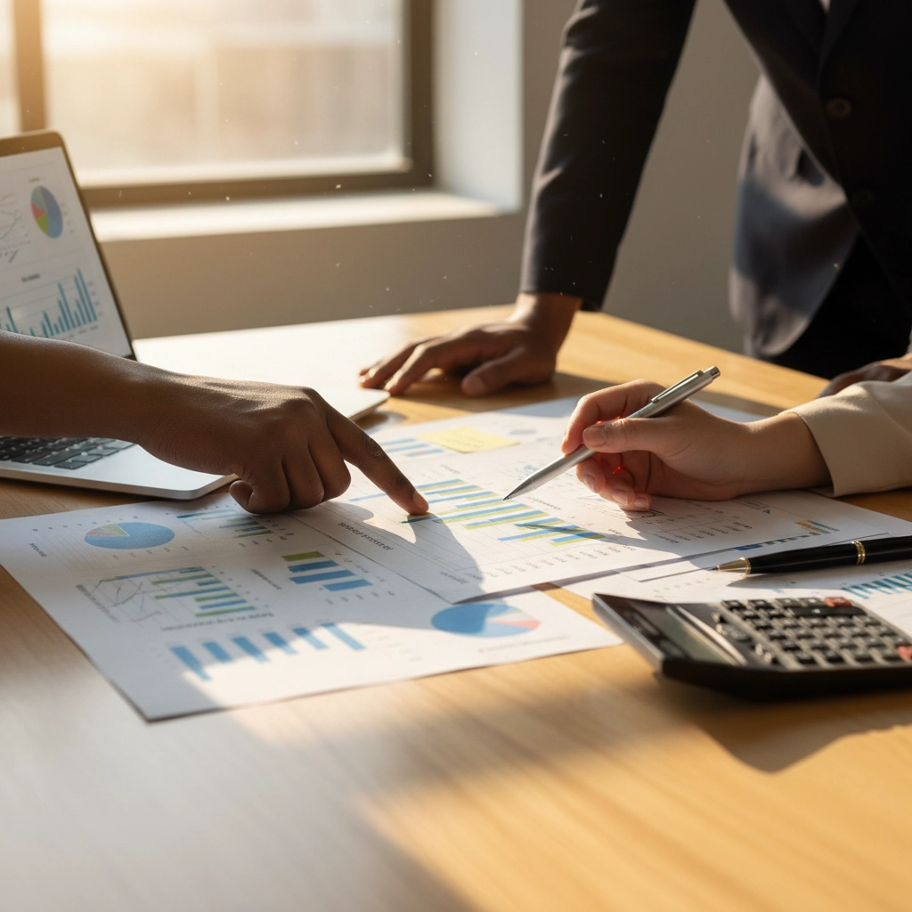 A hand that is pointing on something with graph papers on the table