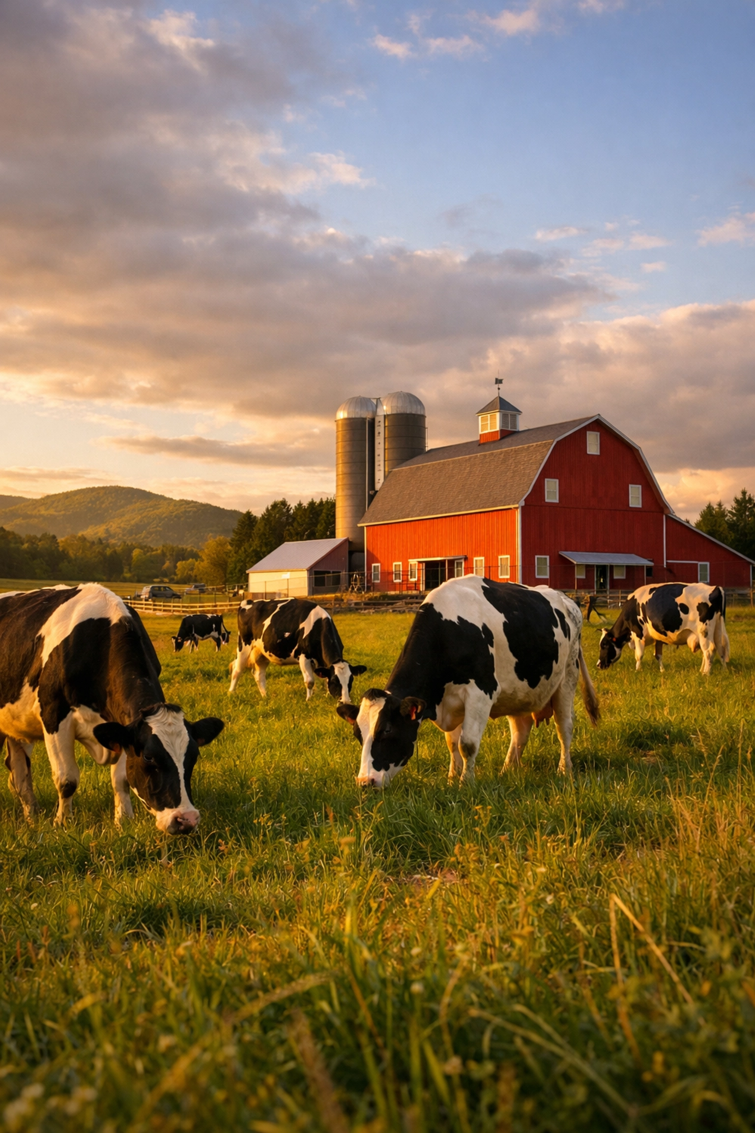 Canadian dairy farm with Holstein cows and red barn representing supply management stability