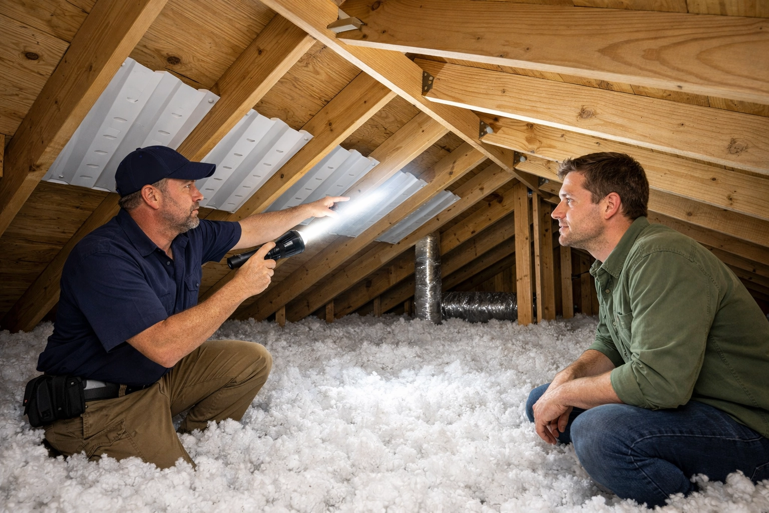 Professional house inspection edmonton showing attic insulation and ventilation to a homebuyer.