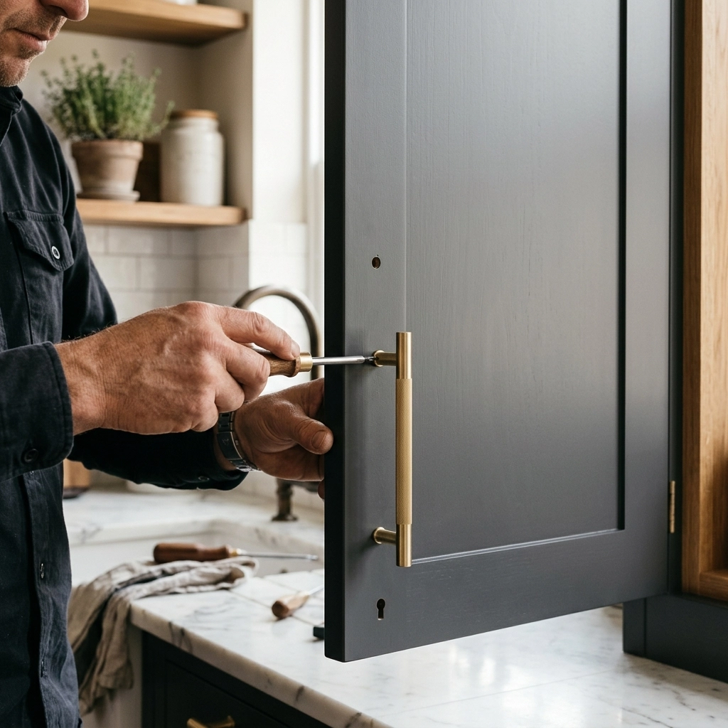 Expert kitchen installation in Derby showing precise craftsmanship on modern charcoal cabinets.