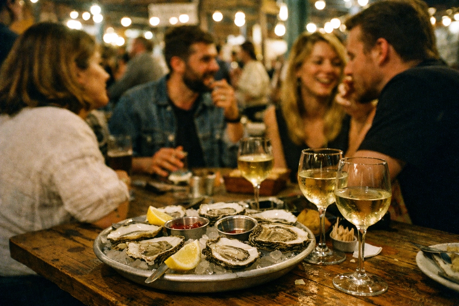 Oysters and white wine at a busy Berlin food hall table, warm and chaotic.