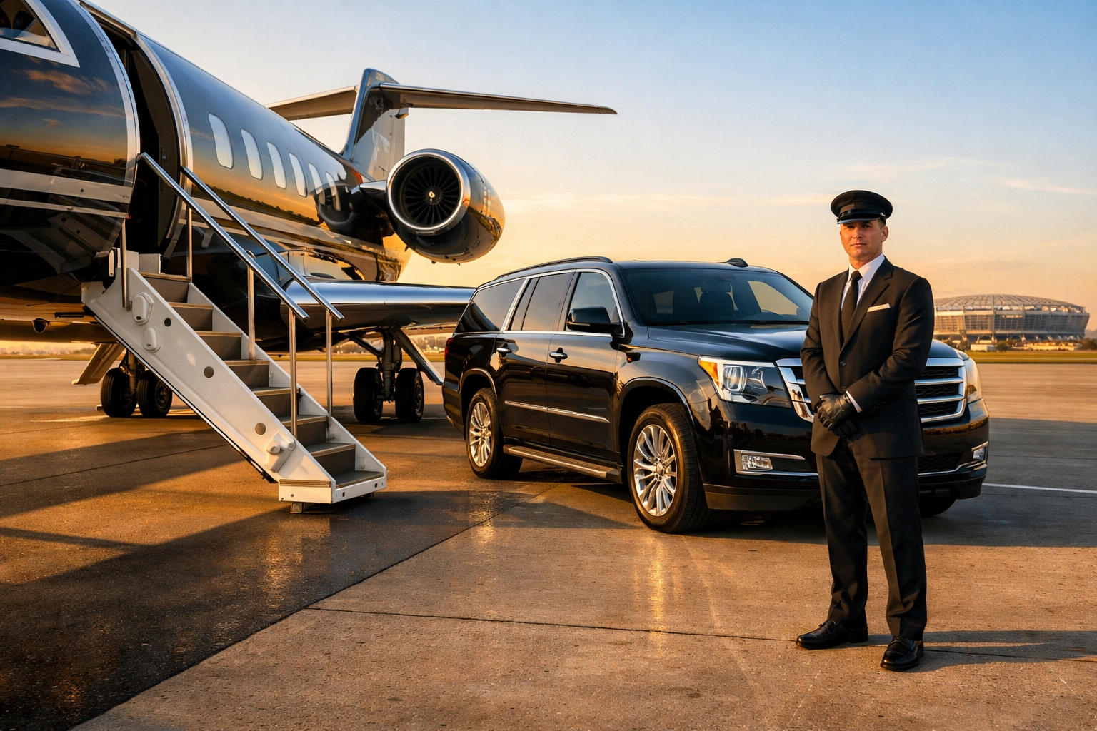 The Ultimate Guide to Super Bowl Sports Marketing: Everything You Need to Succeed VIP executive travel logistics including a private jet and luxury SUV for elite Super Bowl hospitality.