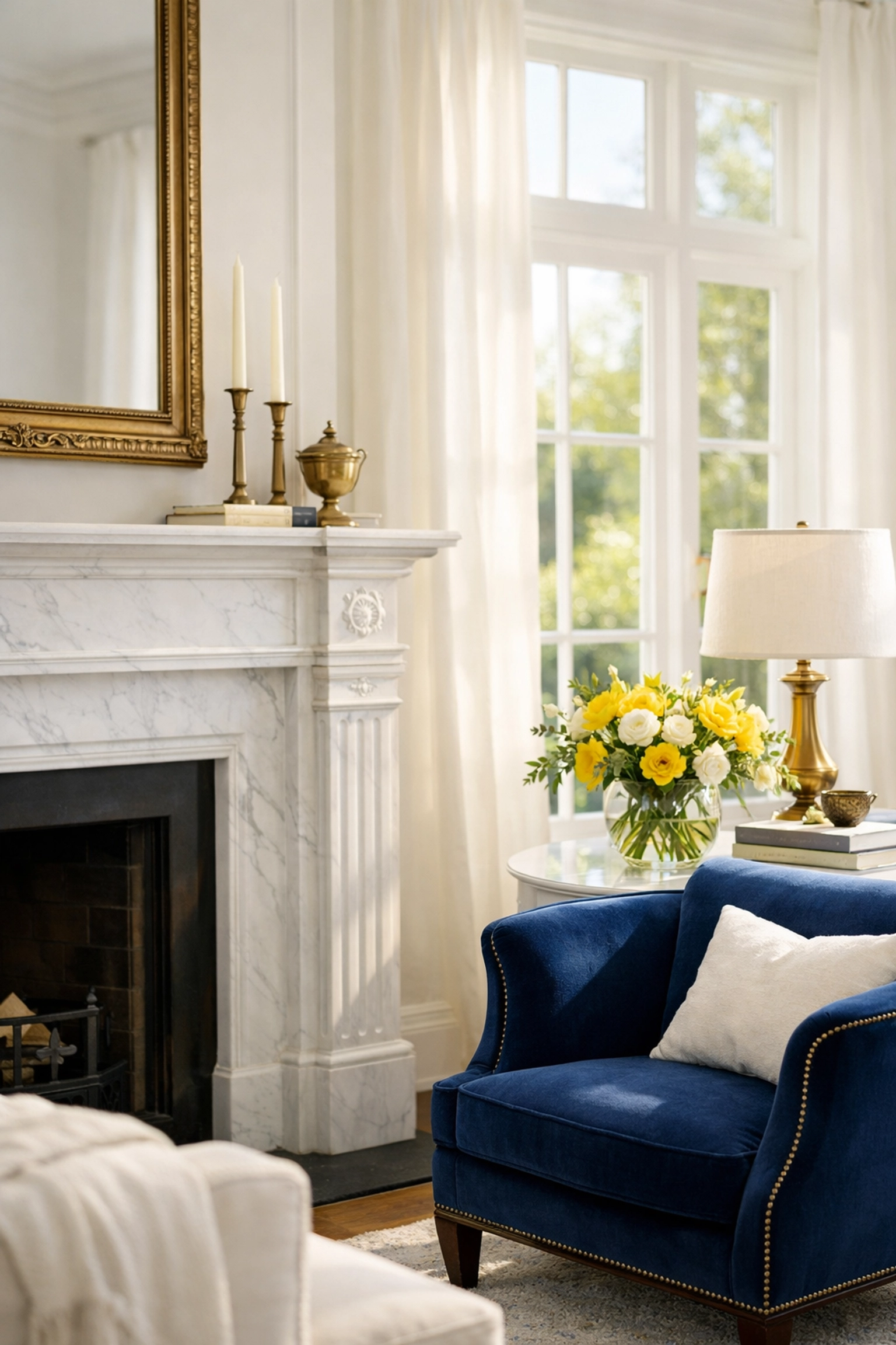 Dust-free Hudson living room with a marble fireplace and blue armchair after bi-weekly house cleaning.