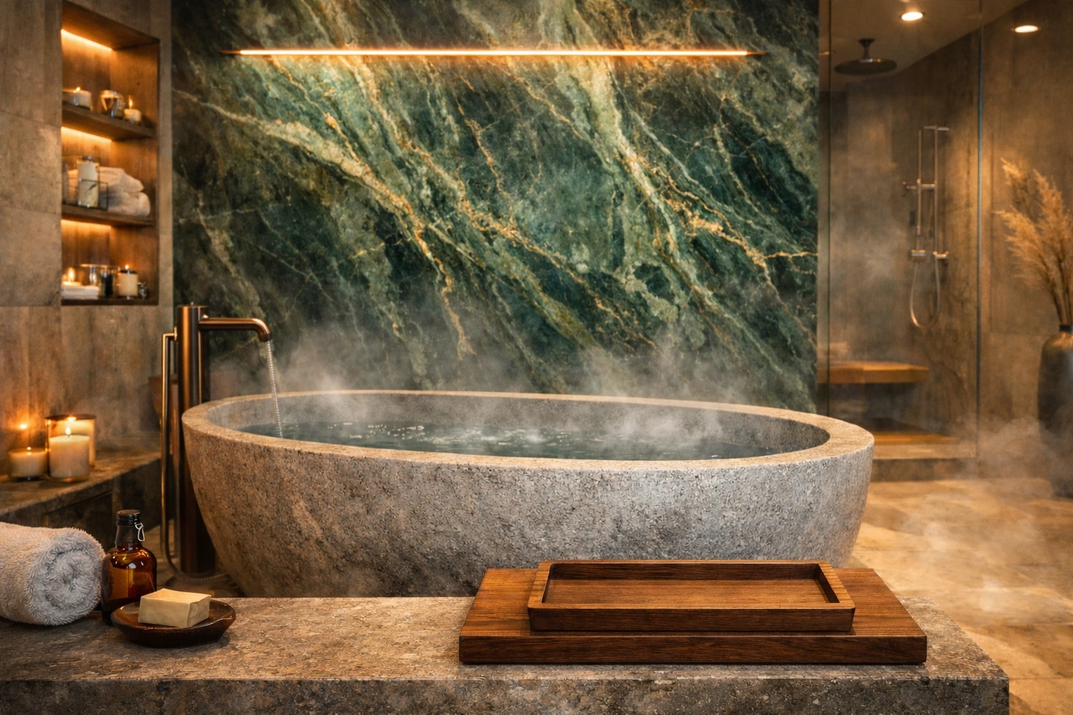 Modern spa bathroom render with clean, photorealistic styling and premium materials.