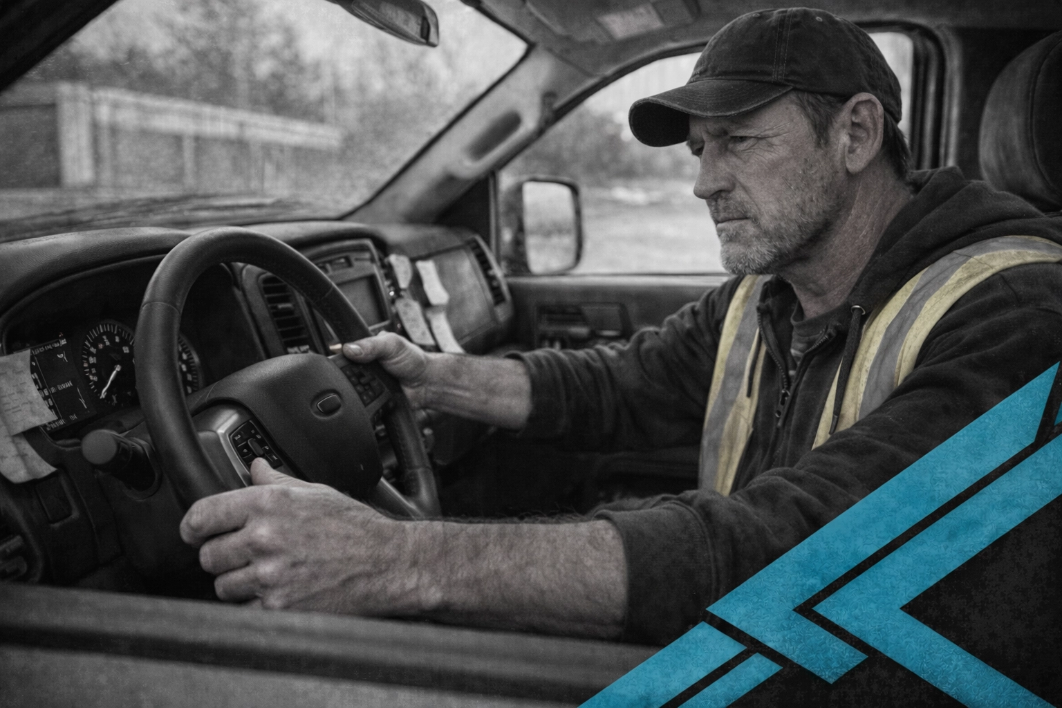 Stressed contractor in work truck juggling phone calls and paperwork while managing leads