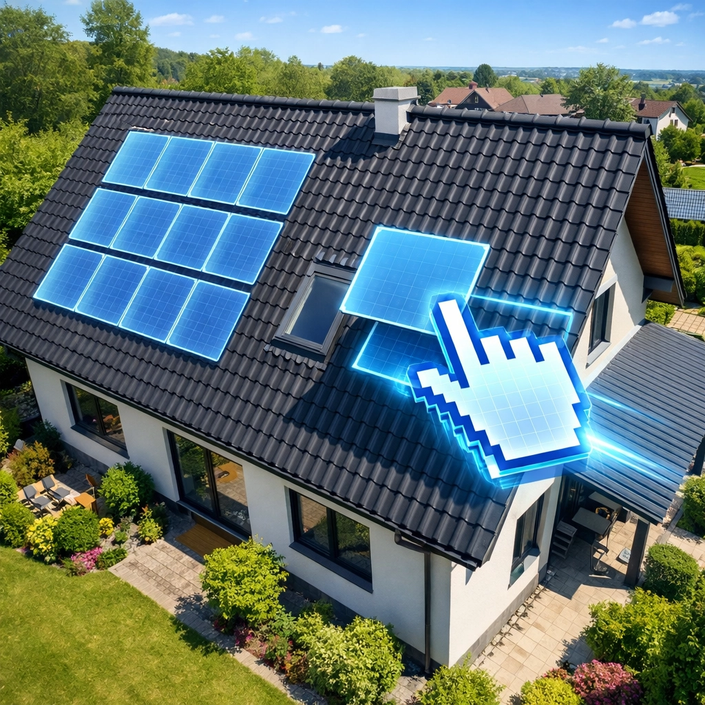 Overhead view of residential solar panel software being used to map out a roof installation.
