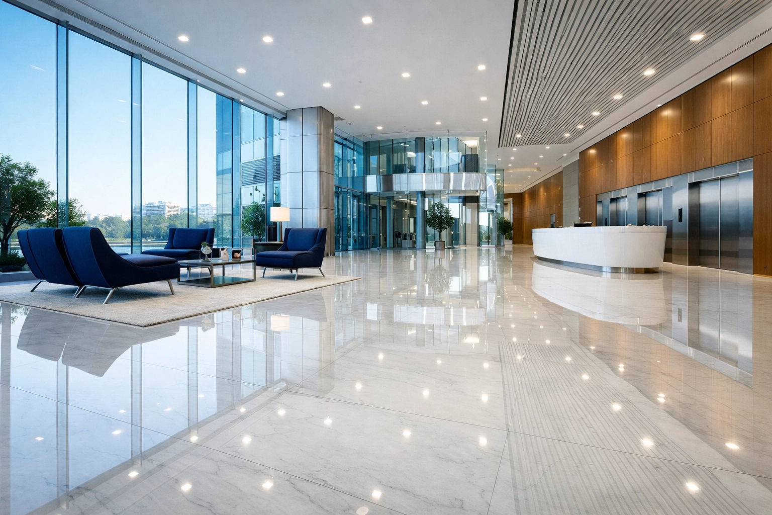 Spotless commercial lobby with polished marble floors showing professional cleaning standards in Longmeadow.