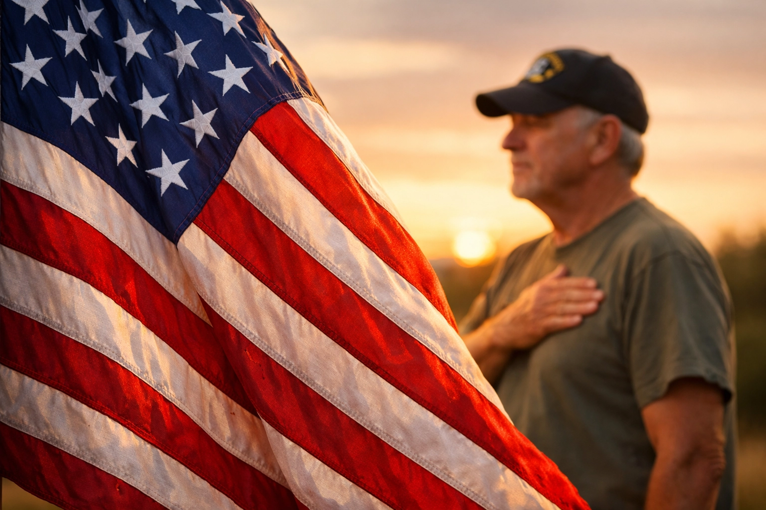 Veteran honoring American flag representing freedom and constitutional rights protected by military service