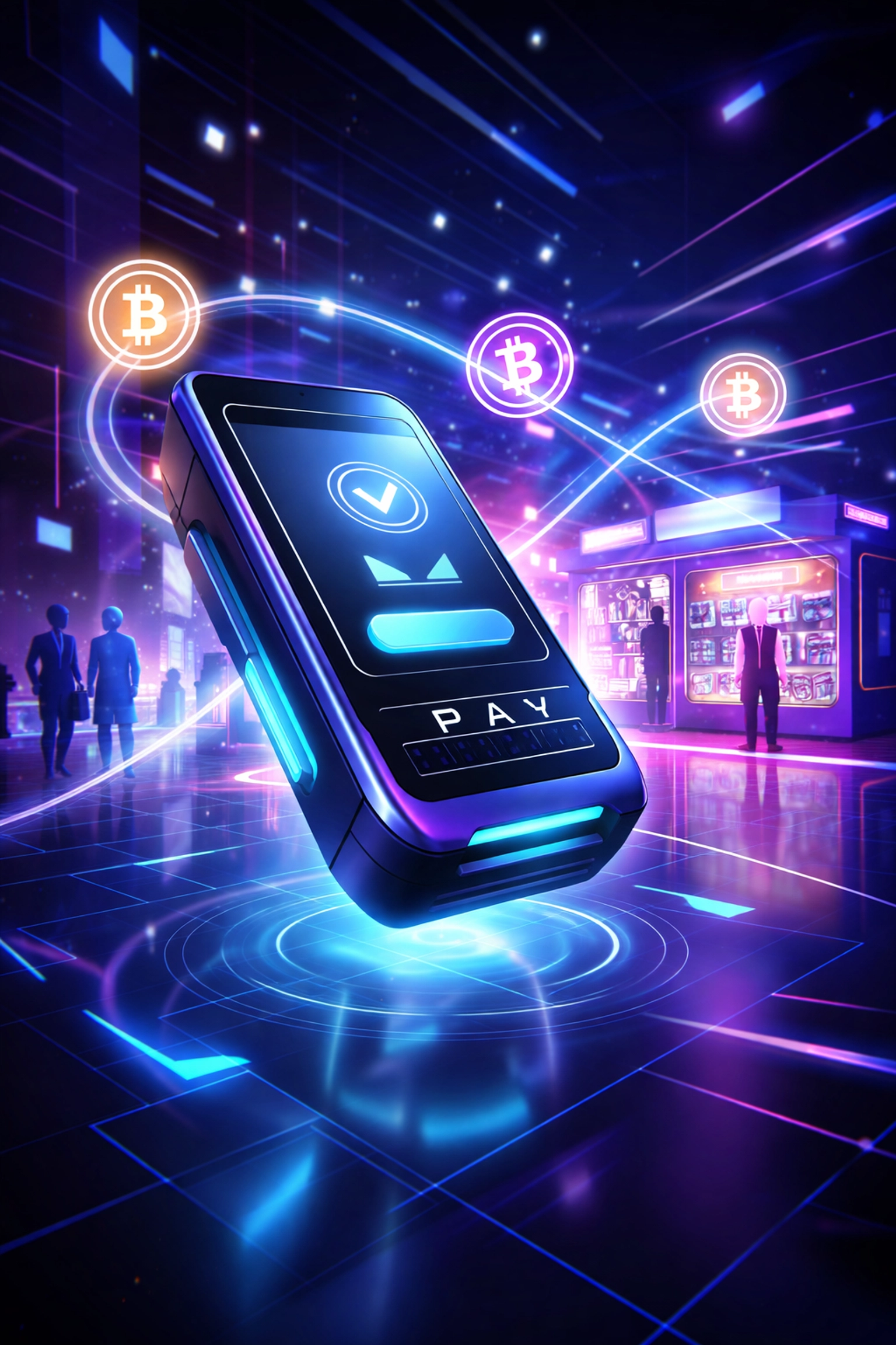 Futuristic crypto payment terminal in a neon-lit metaverse store, highlighting next-gen Web3 shopping infrastructure.