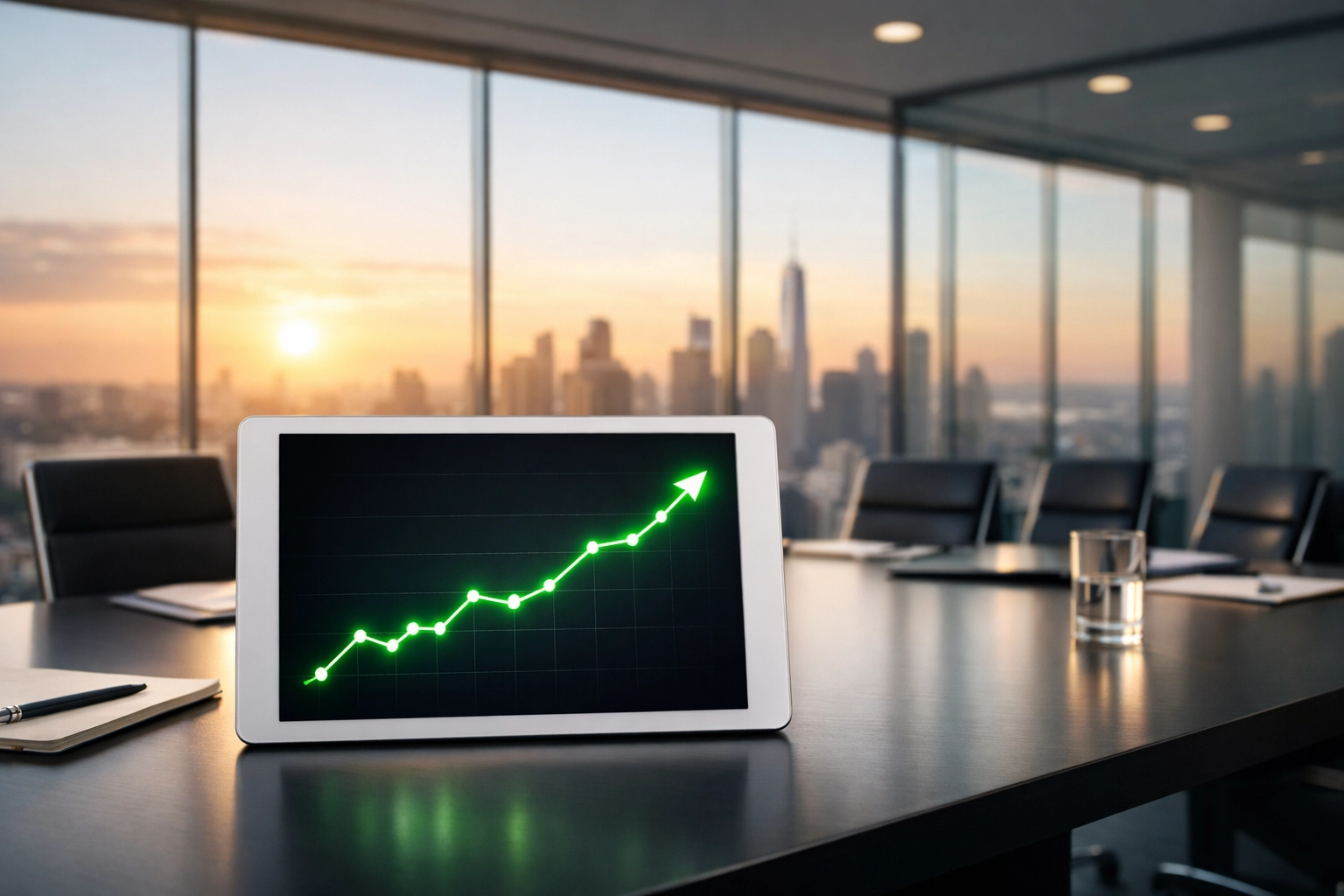 Tablet showing a green growth graph in a modern boardroom representing business financial stability.
