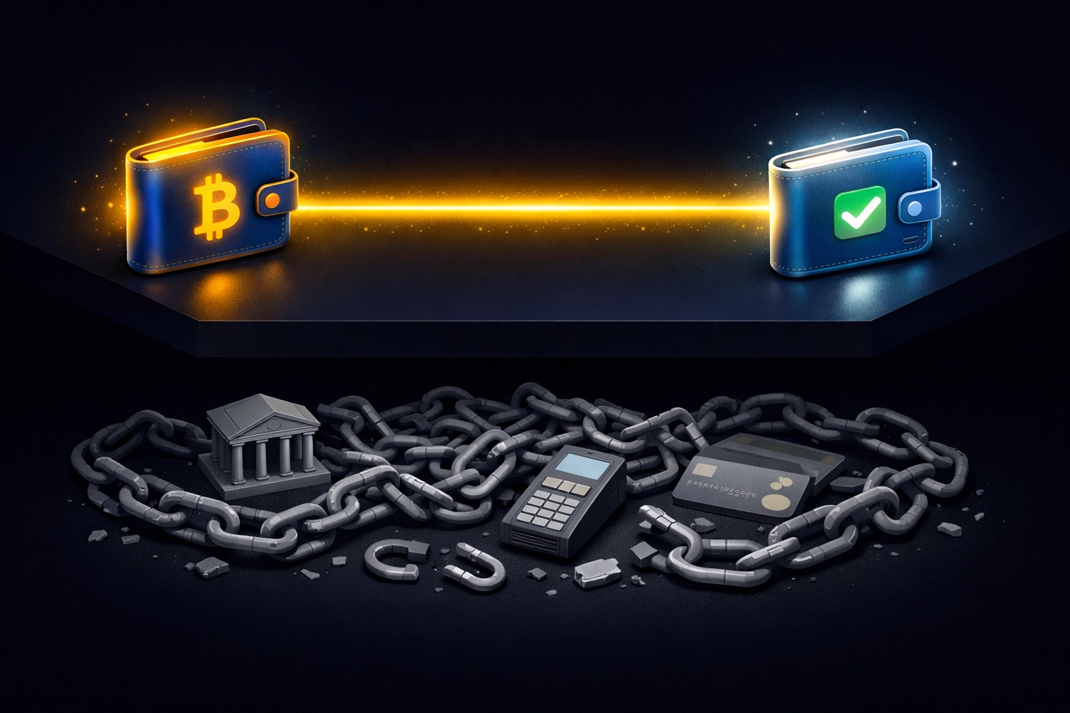 Self-custody blockchain payment flow connecting wallets directly without traditional payment intermediaries