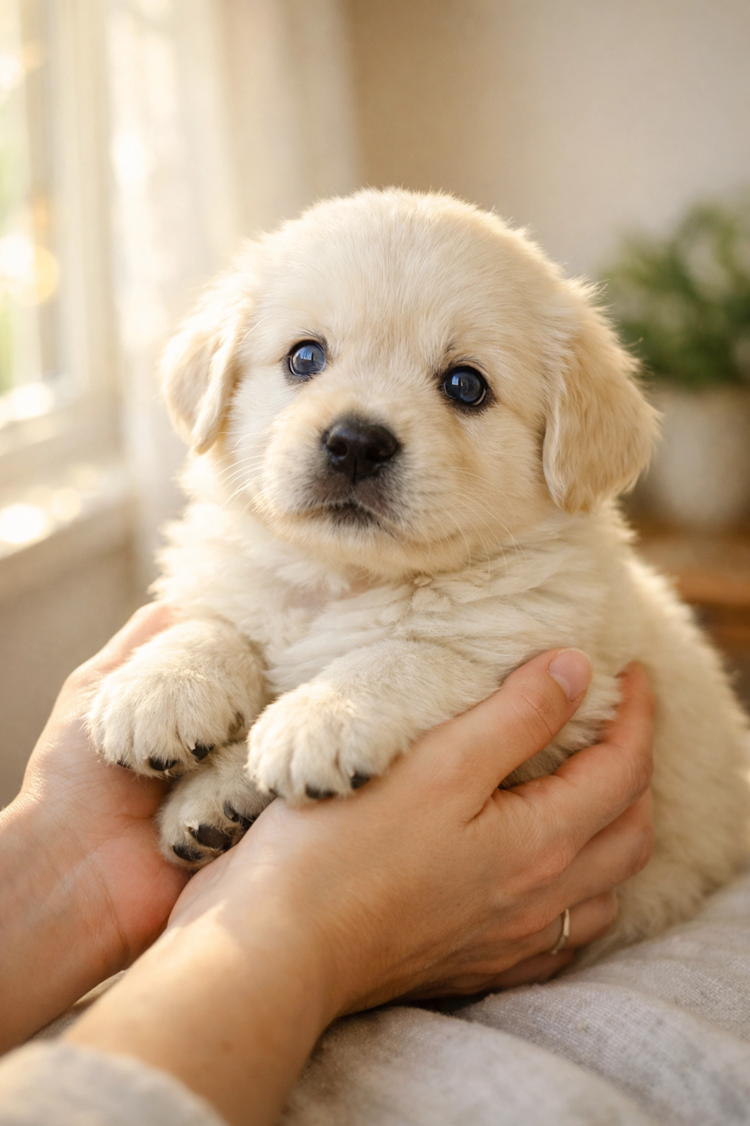 English Cream Golden Retriever puppy held during early socialization period at Oregon breeder
