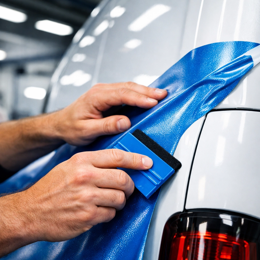 Professional installer applying premium vinyl wrap to commercial delivery van