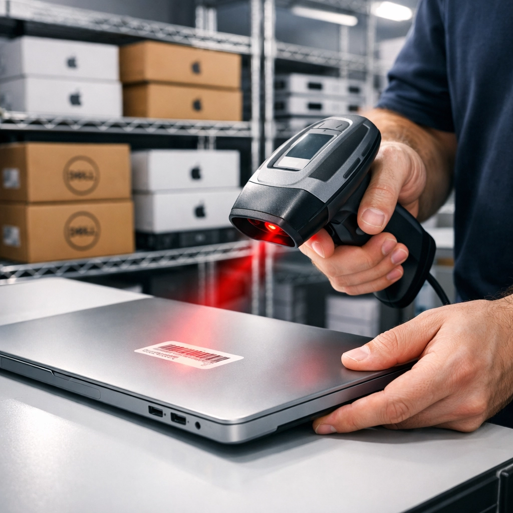 IT technician scanning a laptop serial number to ensure accurate data for ServiceNow ITAM records.
