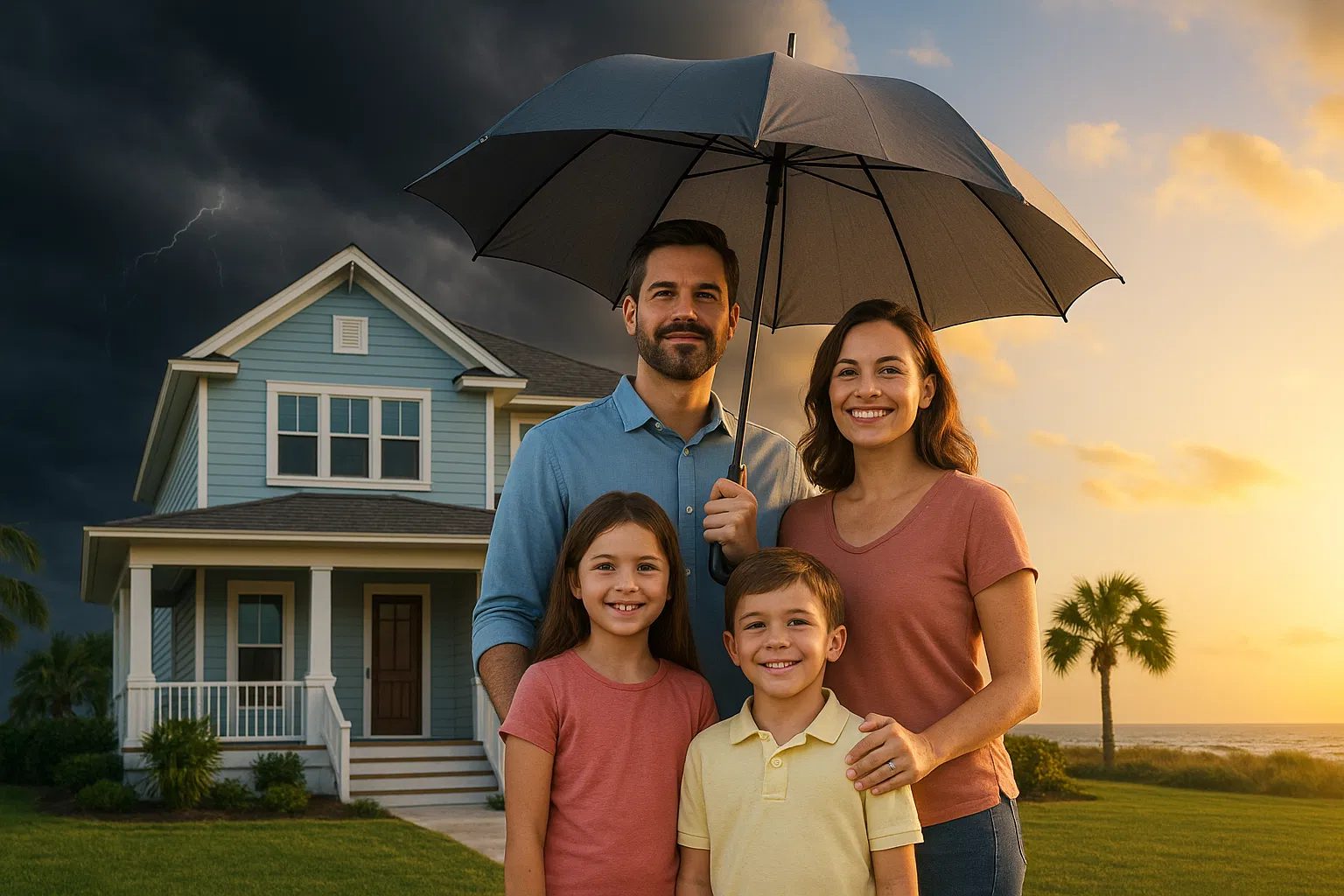 Family protected by insurance against weather and accidents