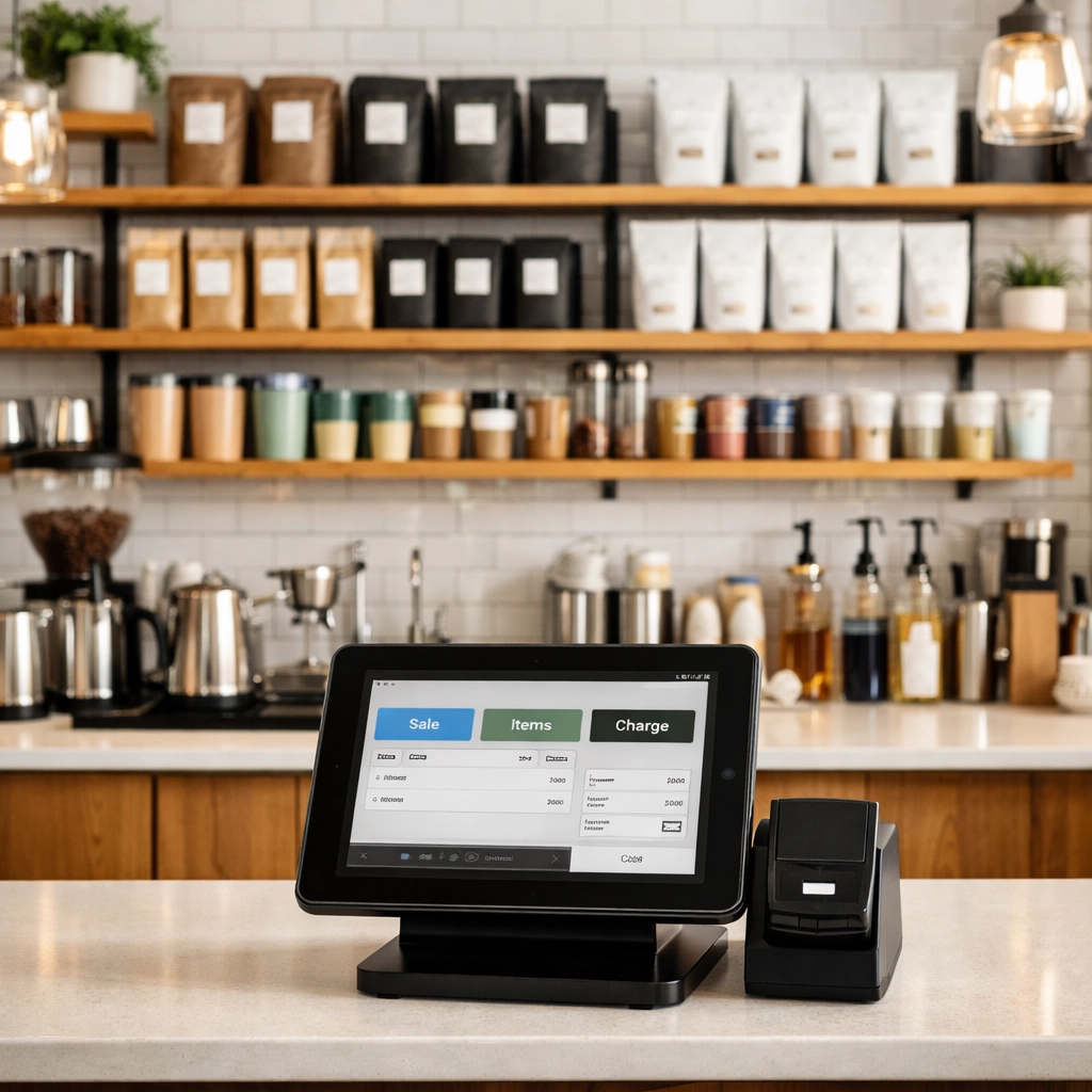 Shopify POS system with retail coffee products and merchandise on café counter
