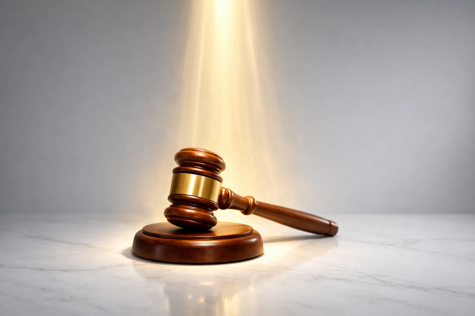 A wooden gavel illuminated by divine light, representing God as the Just Judge in the asylum process.
