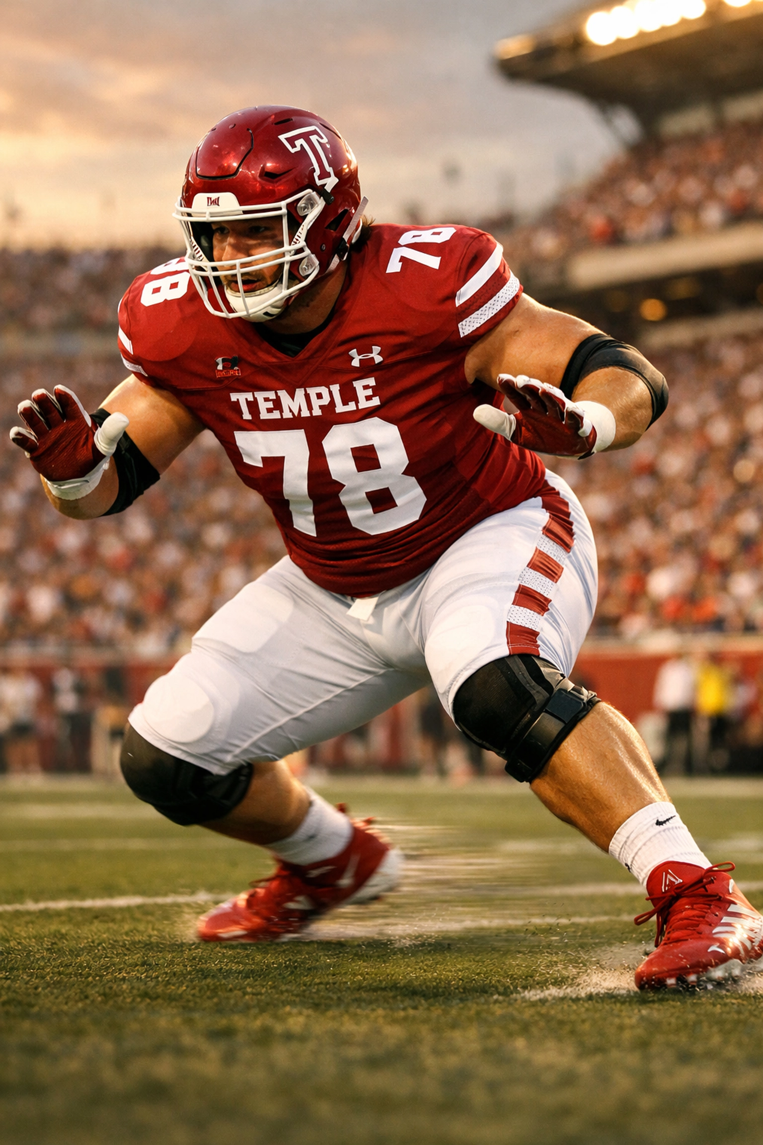 Temple offensive tackle executing pass protection technique on football field