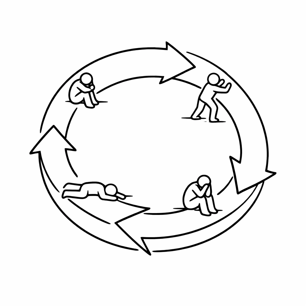 Circular habit loop diagram showing leadership team trapped in repetitive firefighting cycle