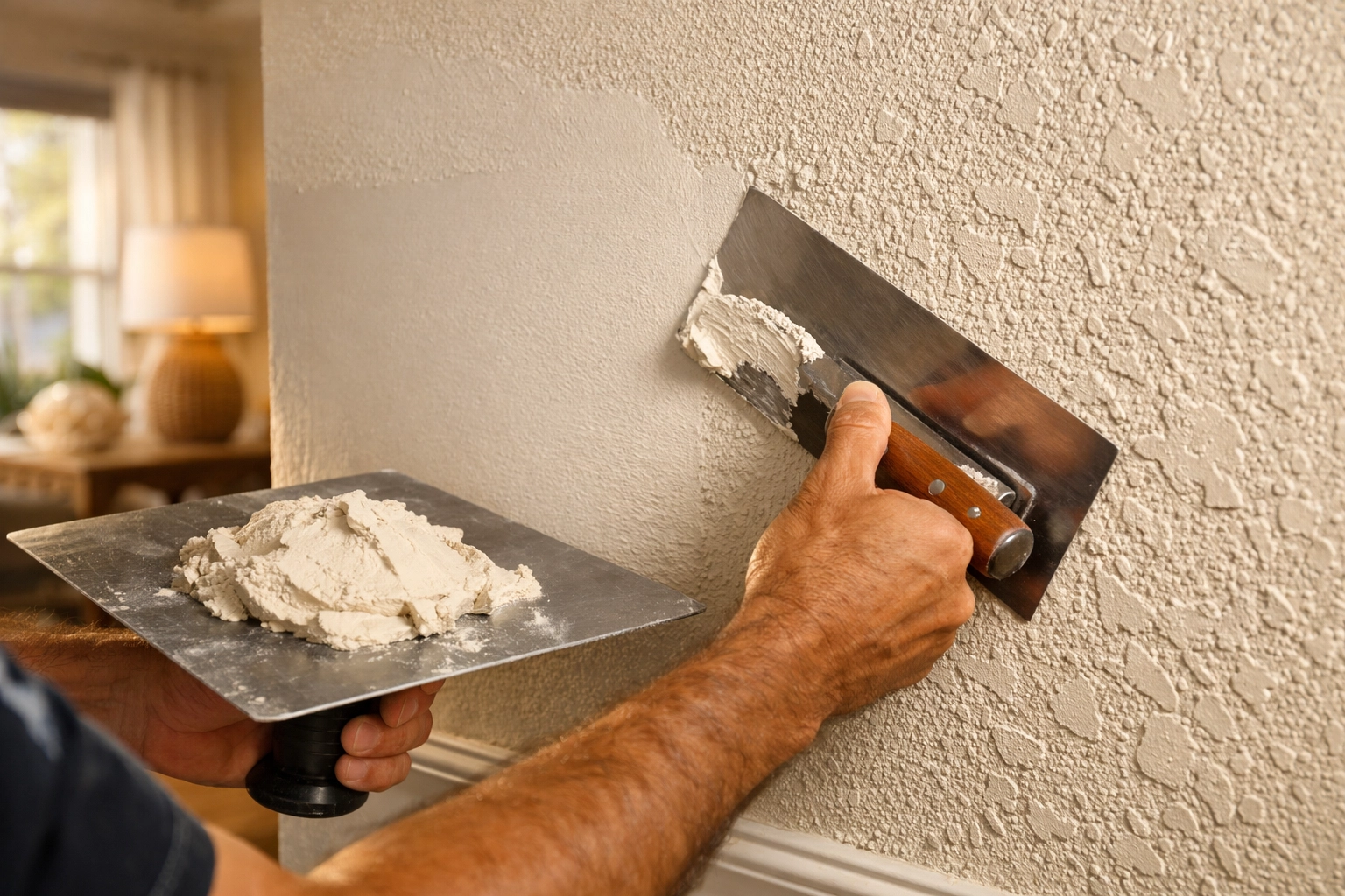 Professional drywall repair Venice FL showing expert knockdown texture matching for a seamless wall finish.