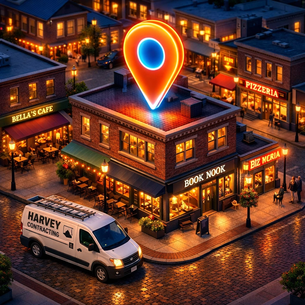 Map pin icon hovering over a small business building symbolizing local search engine optimization.