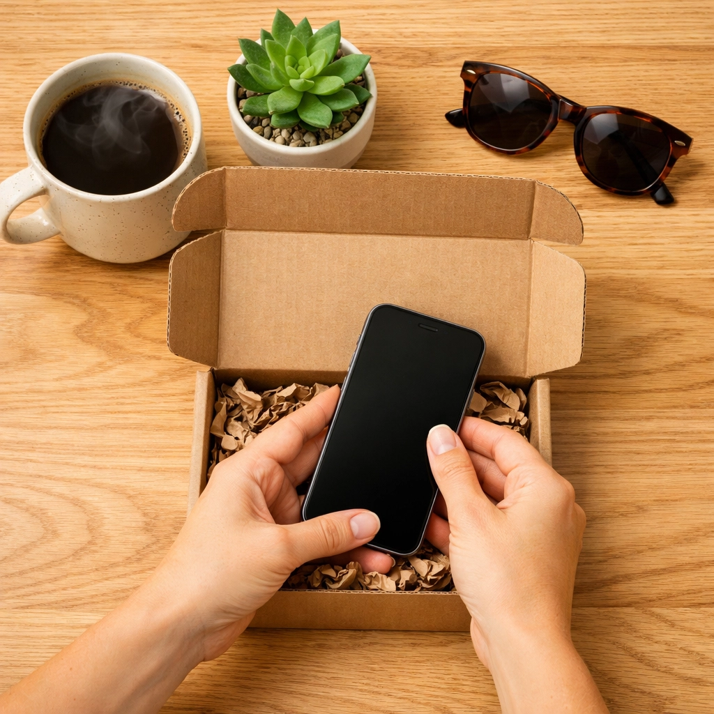 Hands packing a smartphone into a shipping box to easily sell a mobile for cash with free shipping.