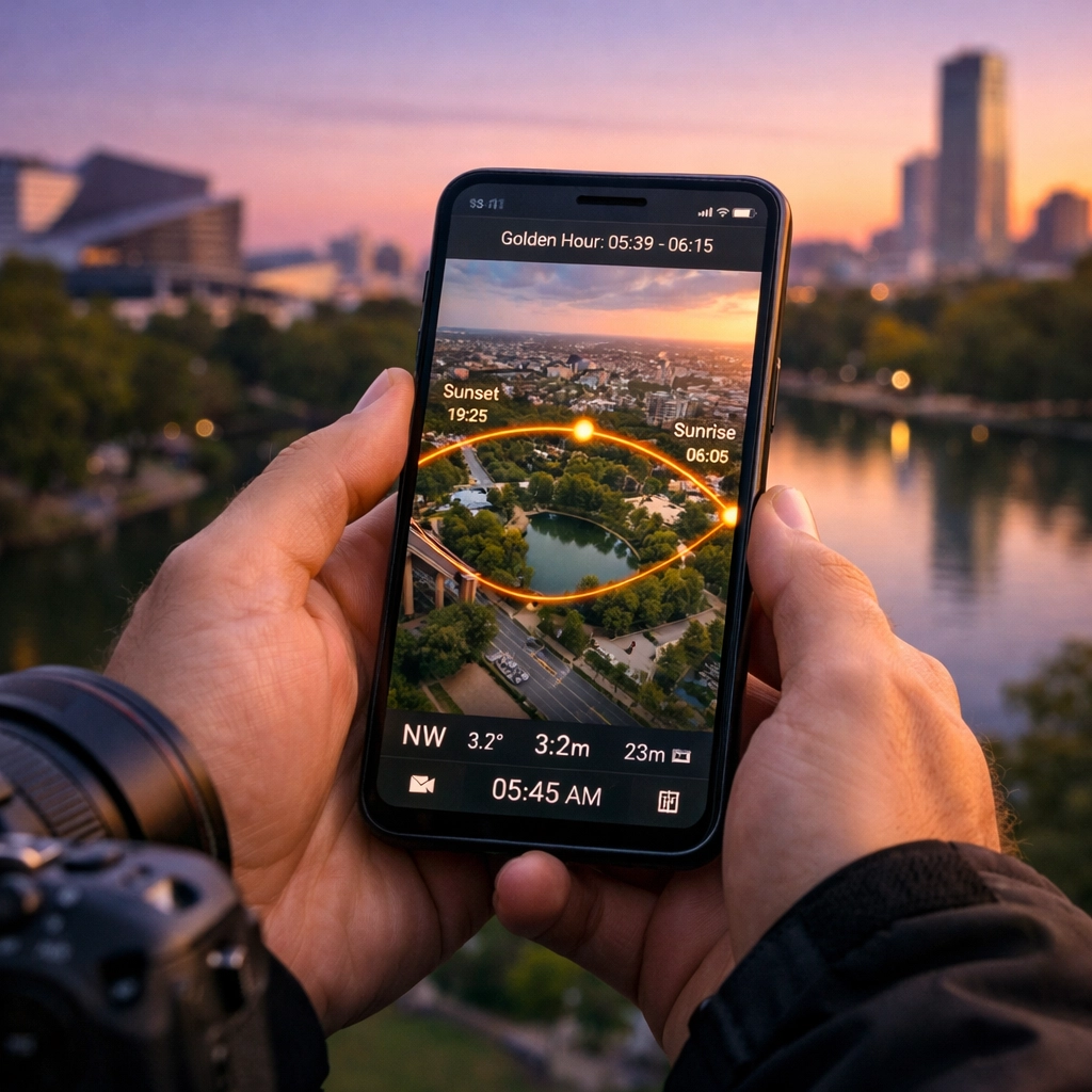 Photographer scouting photo spots near me using a satellite map on a smartphone at sunrise.