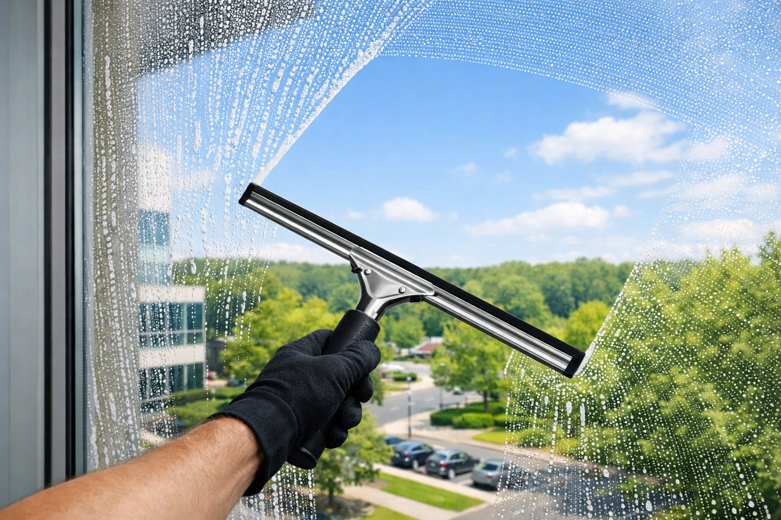 Professional window cleaning in Westchester NY showing a squeegee clearing streaks from an office window.