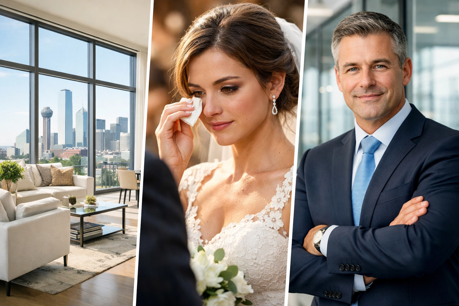 Collage of Dallas real estate photography, wedding portraits, and corporate executive headshots.