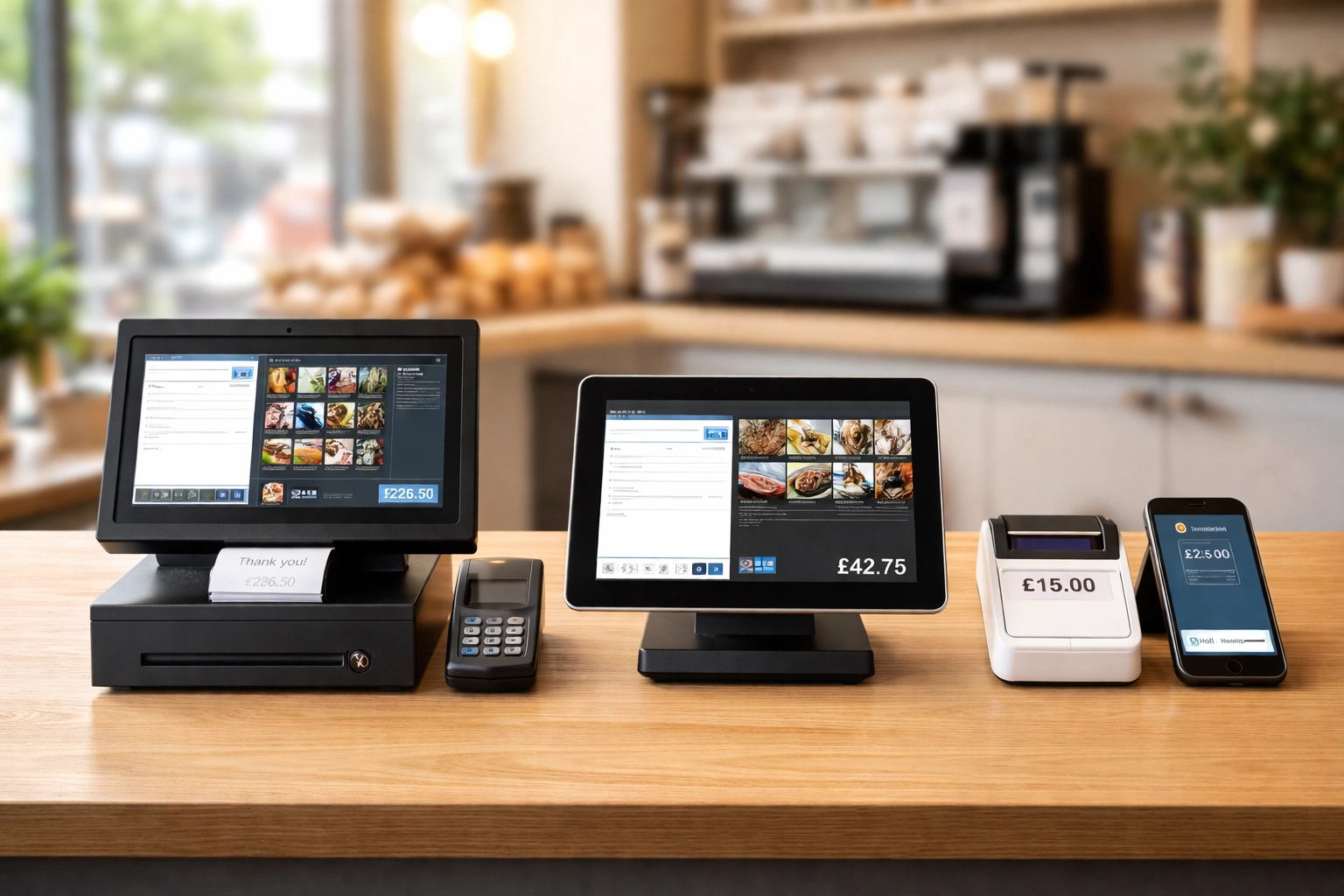 Three types of POS systems, traditional till, tablet, and card reader, displayed on a UK café counter for business comparison
