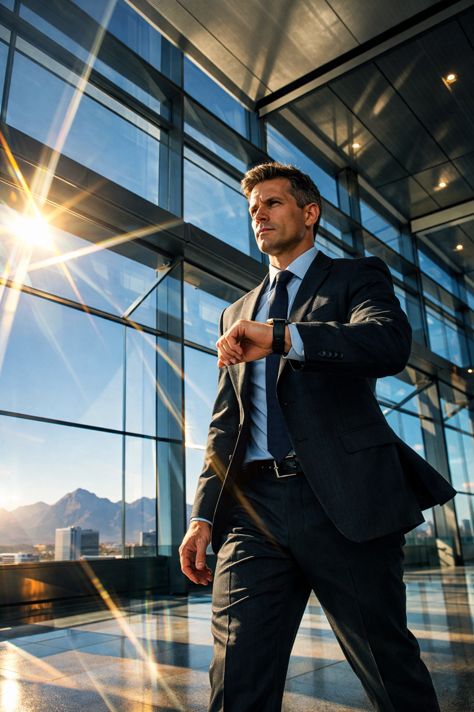 Business traveler checking a smartwatch at the Las Vegas Convention Center to manage local time.