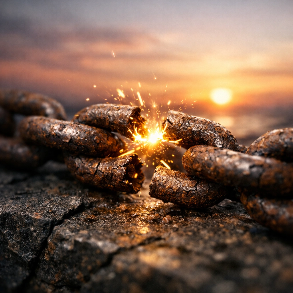 Rusted iron chain snapping under a sunrise, symbolizing breaking generational addiction chains.