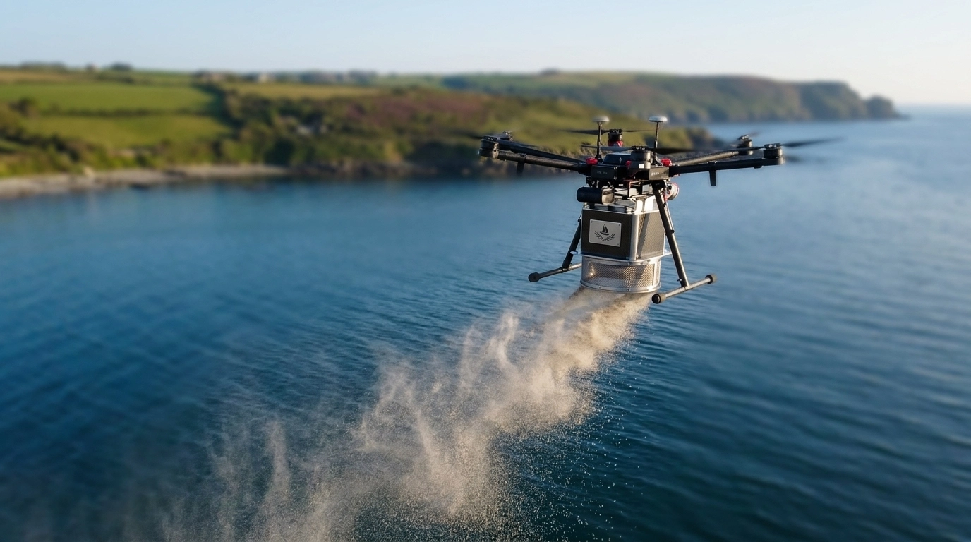 A professional drone scattering ashes in a controlled, graceful stream over the calm waters of the Lizard Peninsula, capturing the sunlight during a peaceful memorial ceremony.