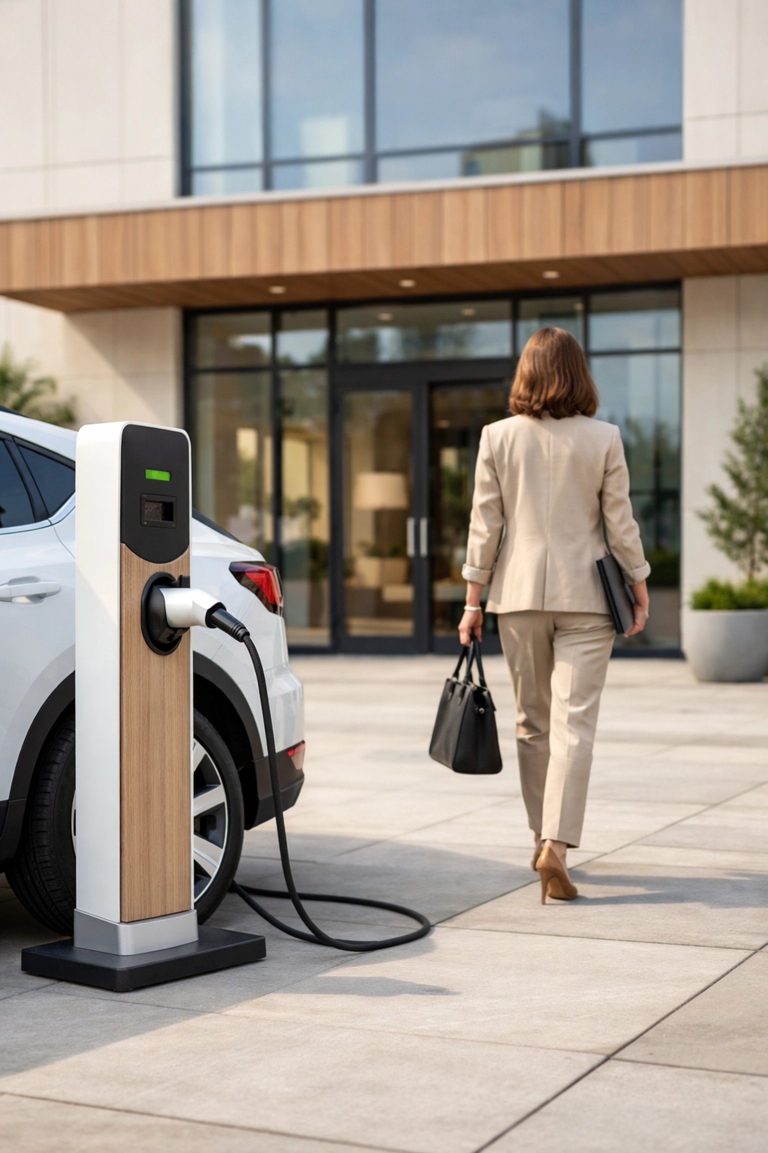 Professional charging an electric vehicle at a modern commercial building to improve tenant satisfaction.