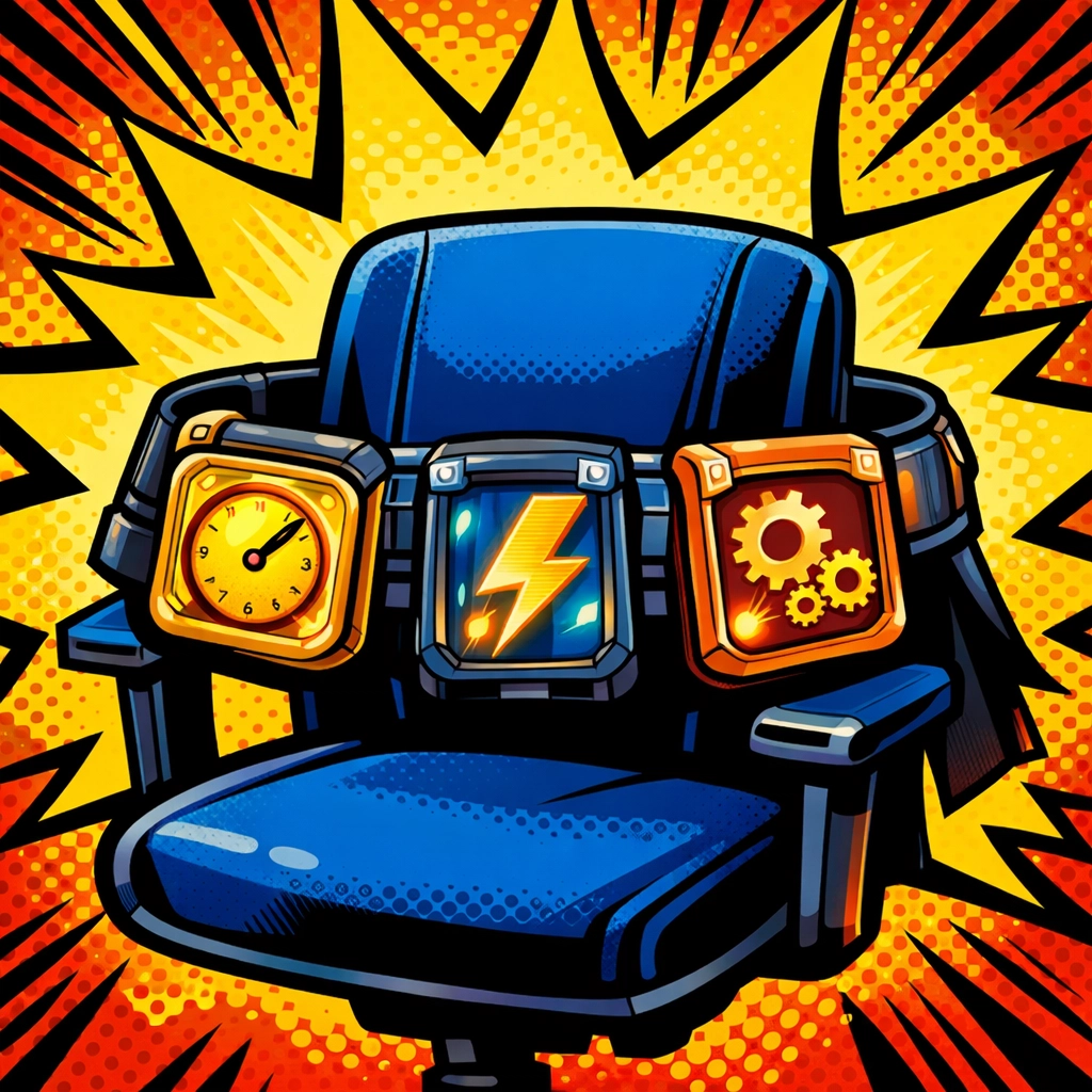 Pop art illustration of business automation tools shown as a high-tech utility belt on an office chair.
