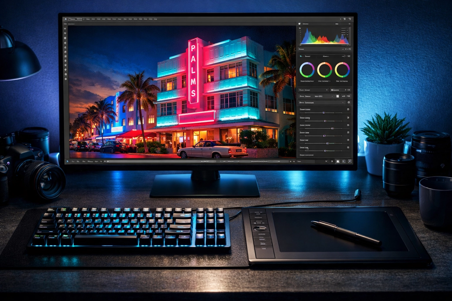 A digital artist's miami photography workflow color-grading a high-contrast image of a Miami Art Deco building.