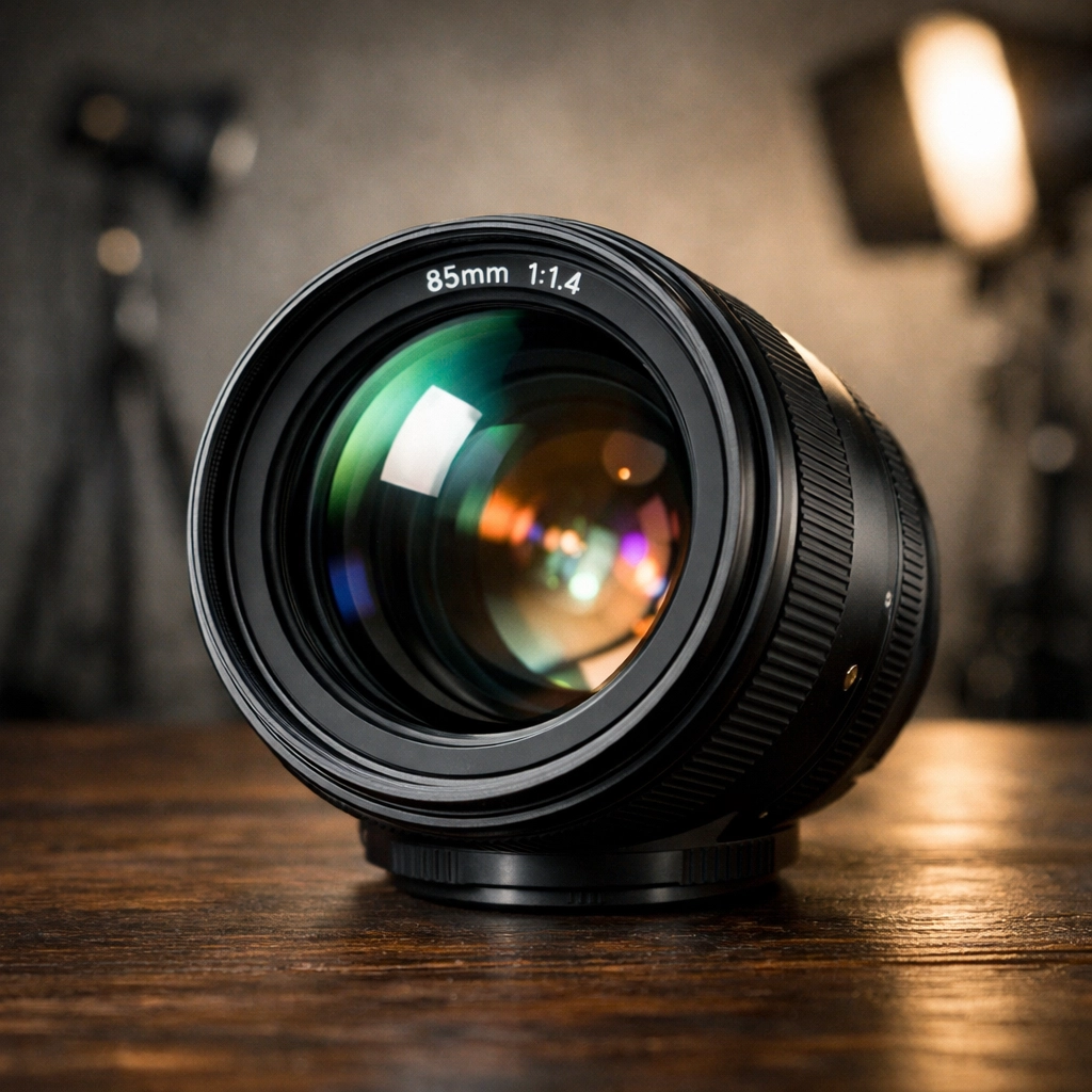 A professional 85mm portrait photography lens with a wide aperture sitting on a studio table.