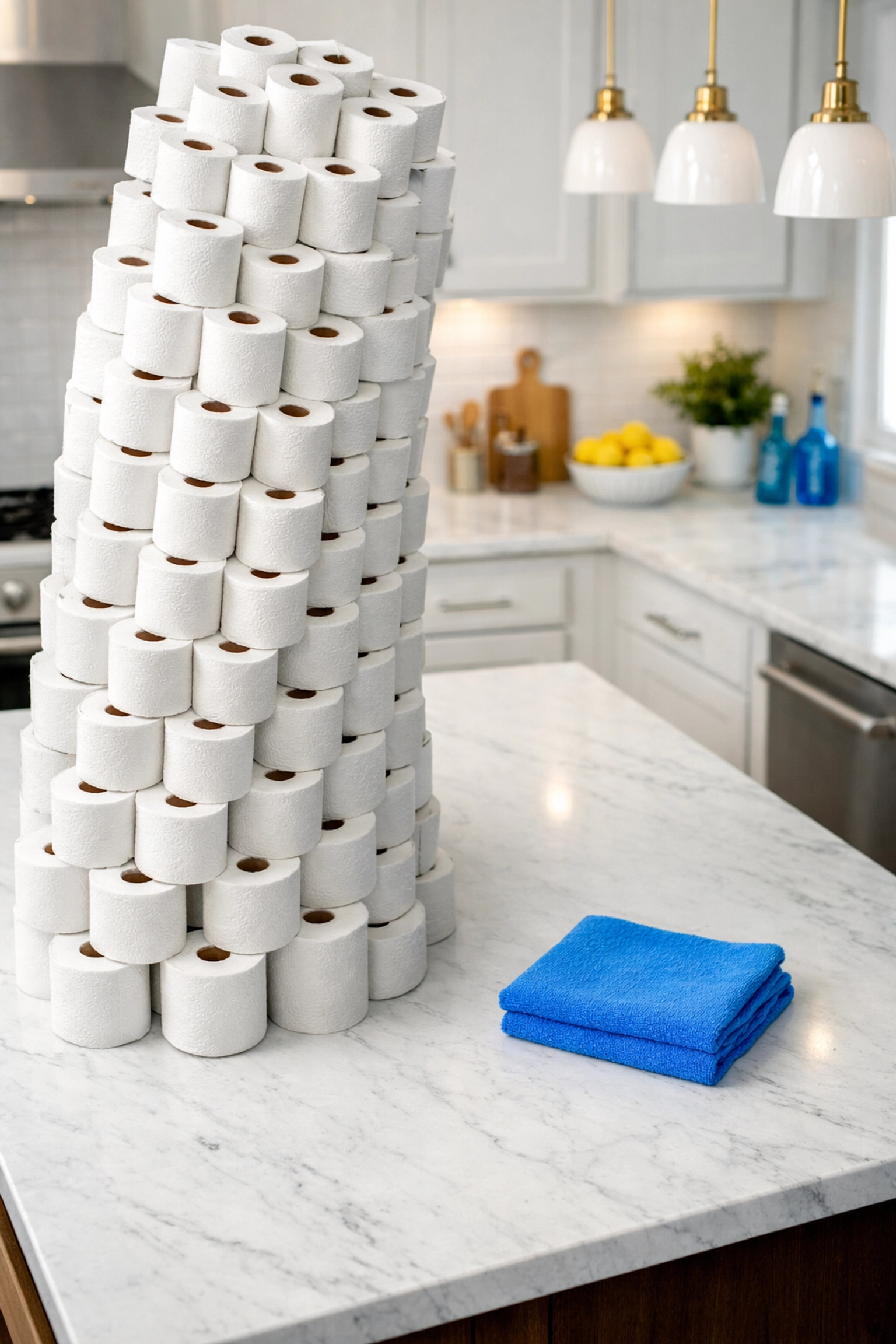 A blue microfiber cloth next to a massive stack of paper towels on a modern kitchen island.