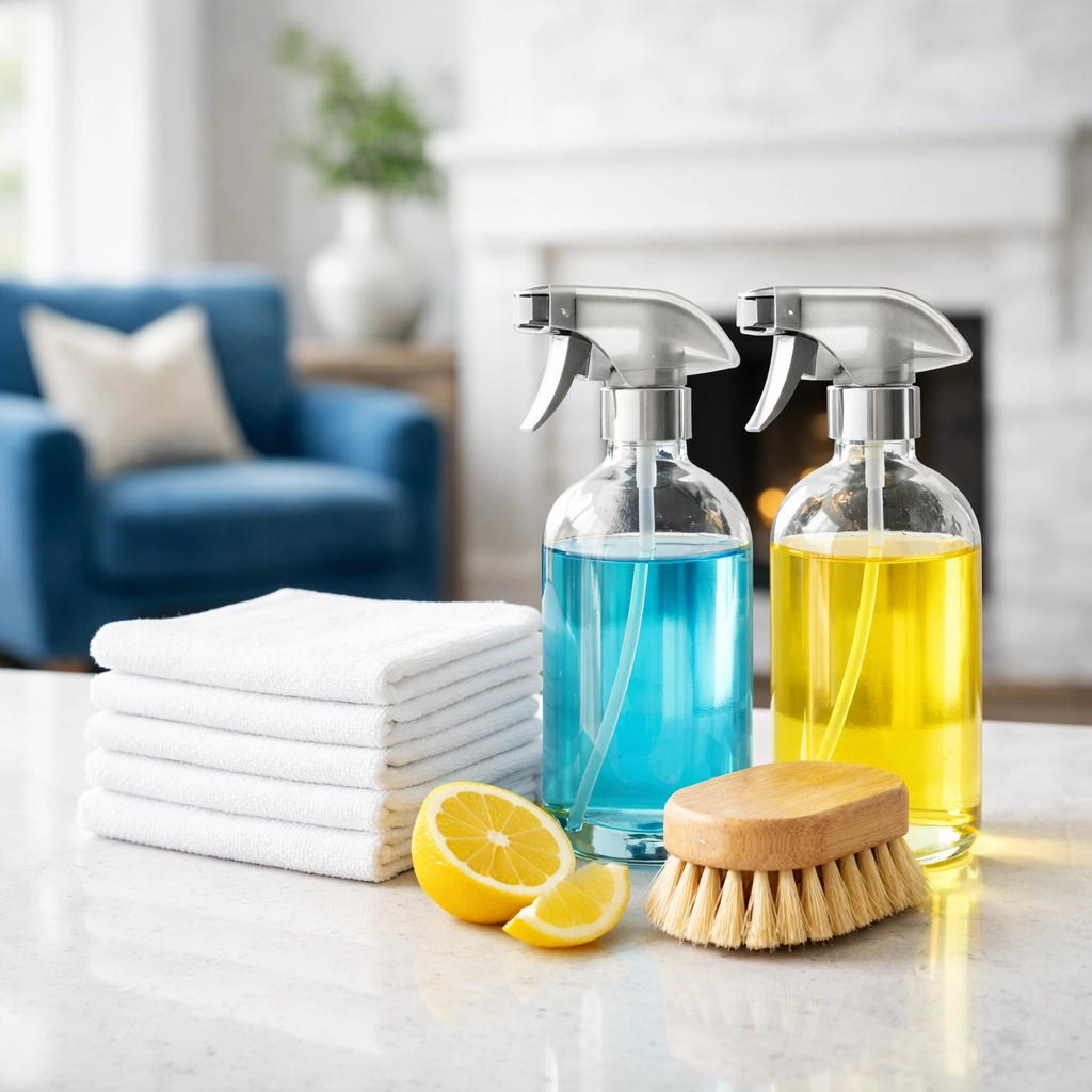 Eco-friendly cleaning supplies and microfiber cloths used for a professional Boston apartment turnover.