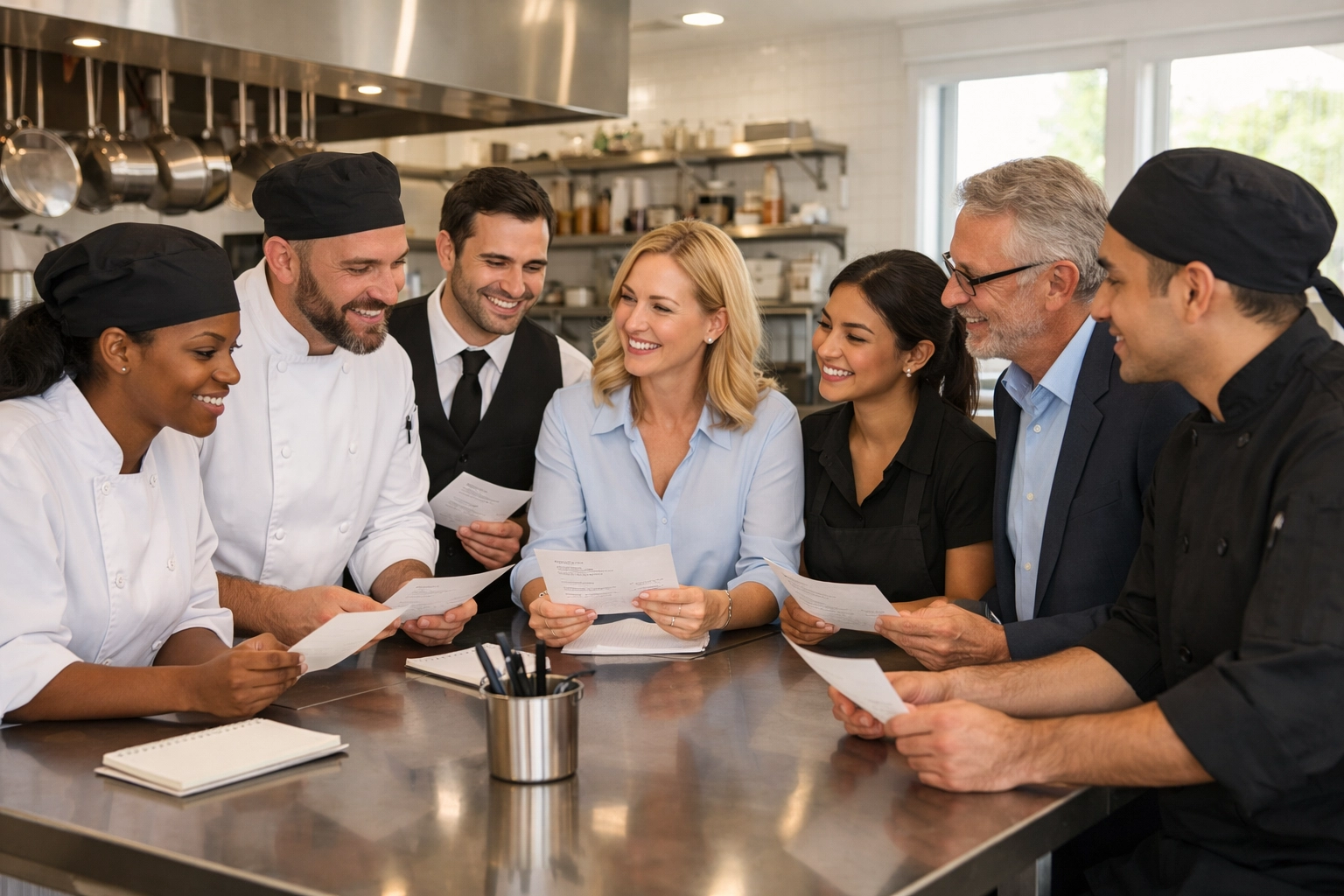 Restaurant team meeting in kitchen discussing operational strategies
