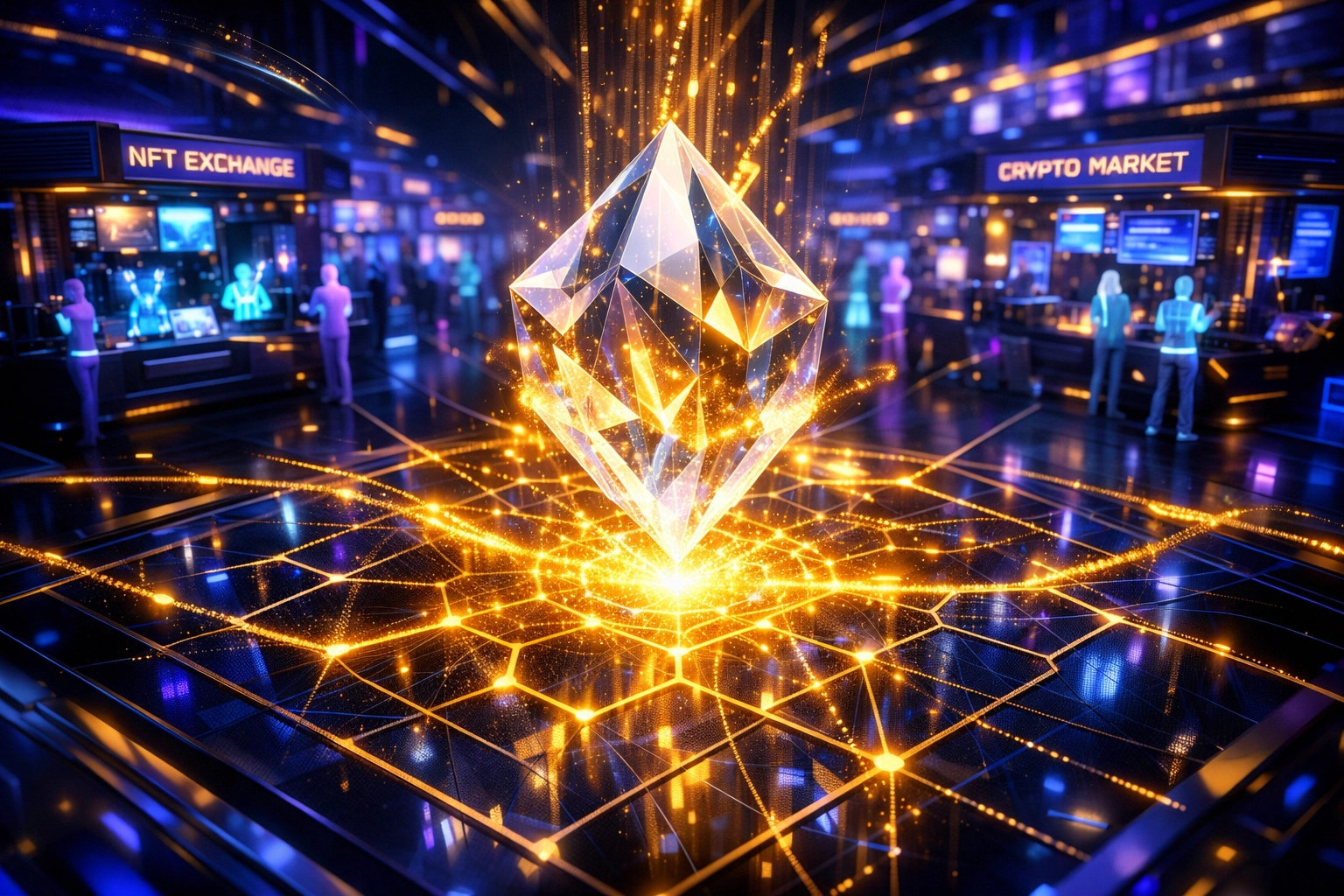 AI-driven crypto payment intelligence securing decentralized transactions in a futuristic Metaverse marketplace.