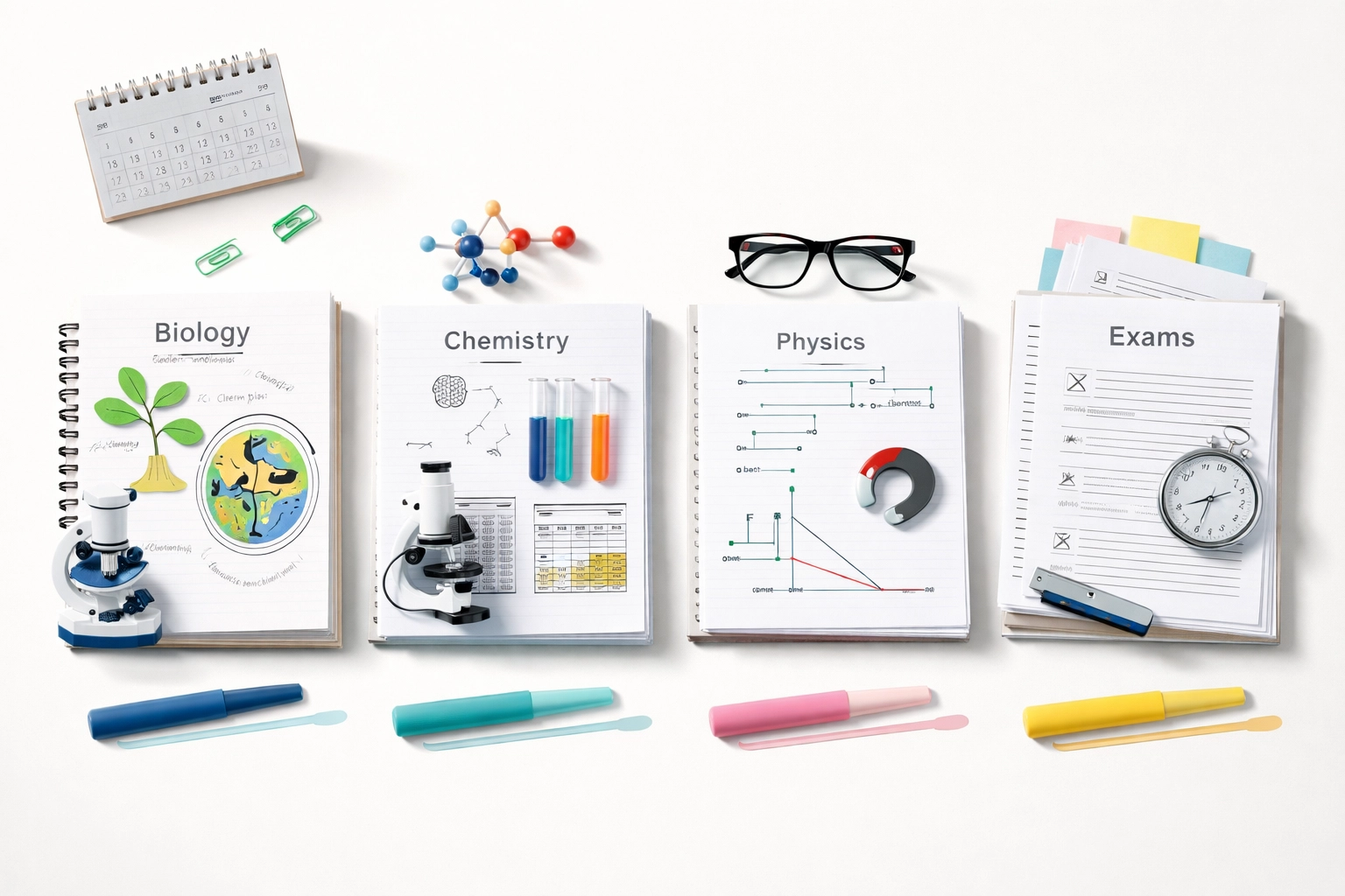 Organised revision setup for a 4-day GCSE science course with biology, chemistry, and physics study materials