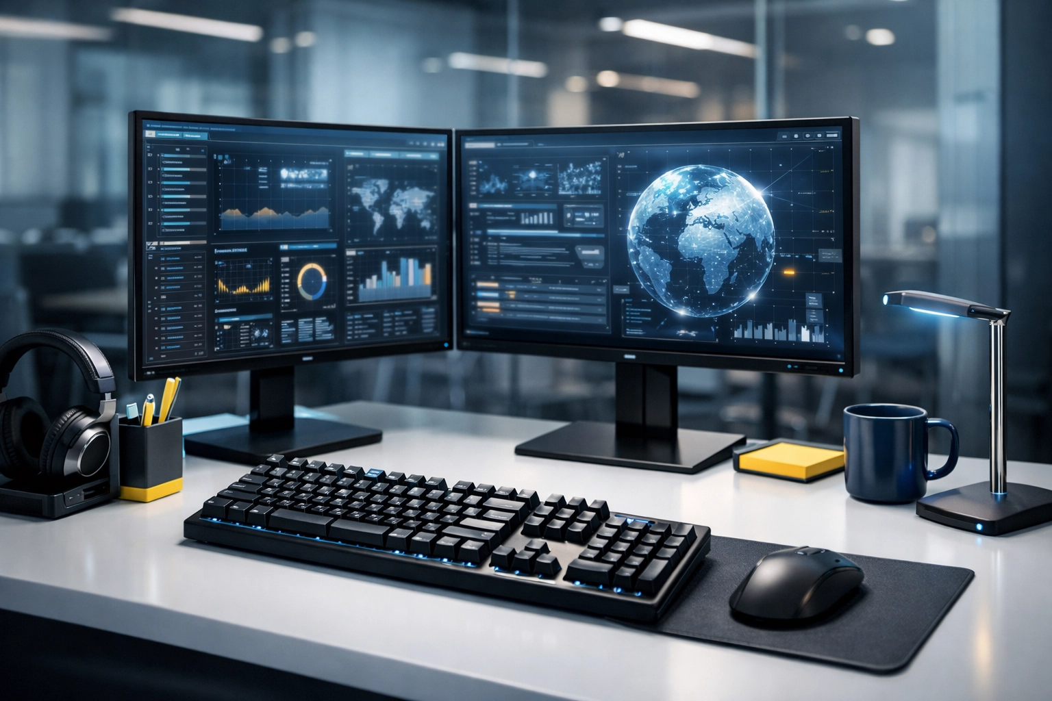 Clean and organized high-tech workstation with dust-free monitors in a Watertown office space.