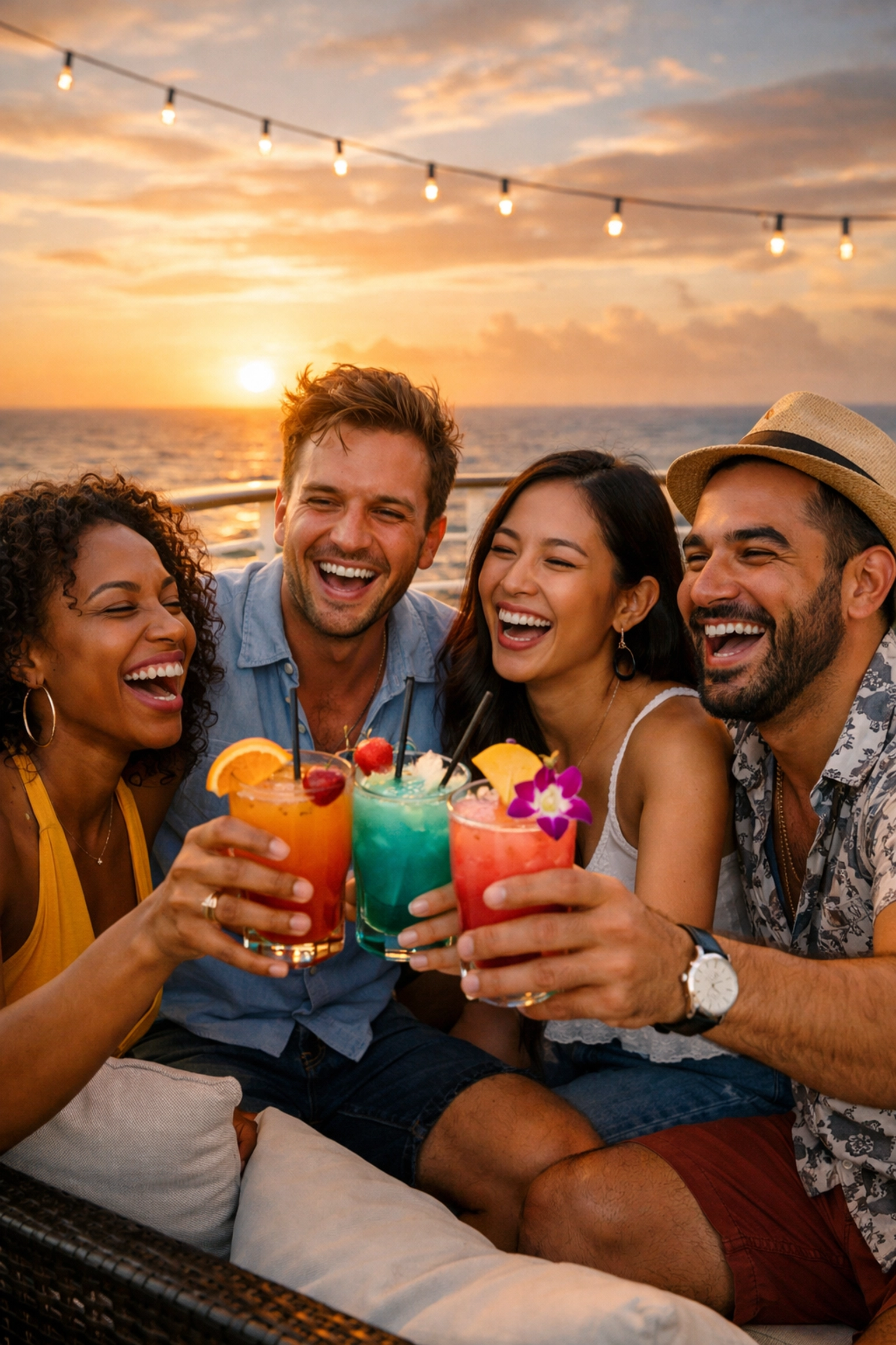 Friends laughing and toasting with tropical cocktails on a cruise ship deck at sunset.