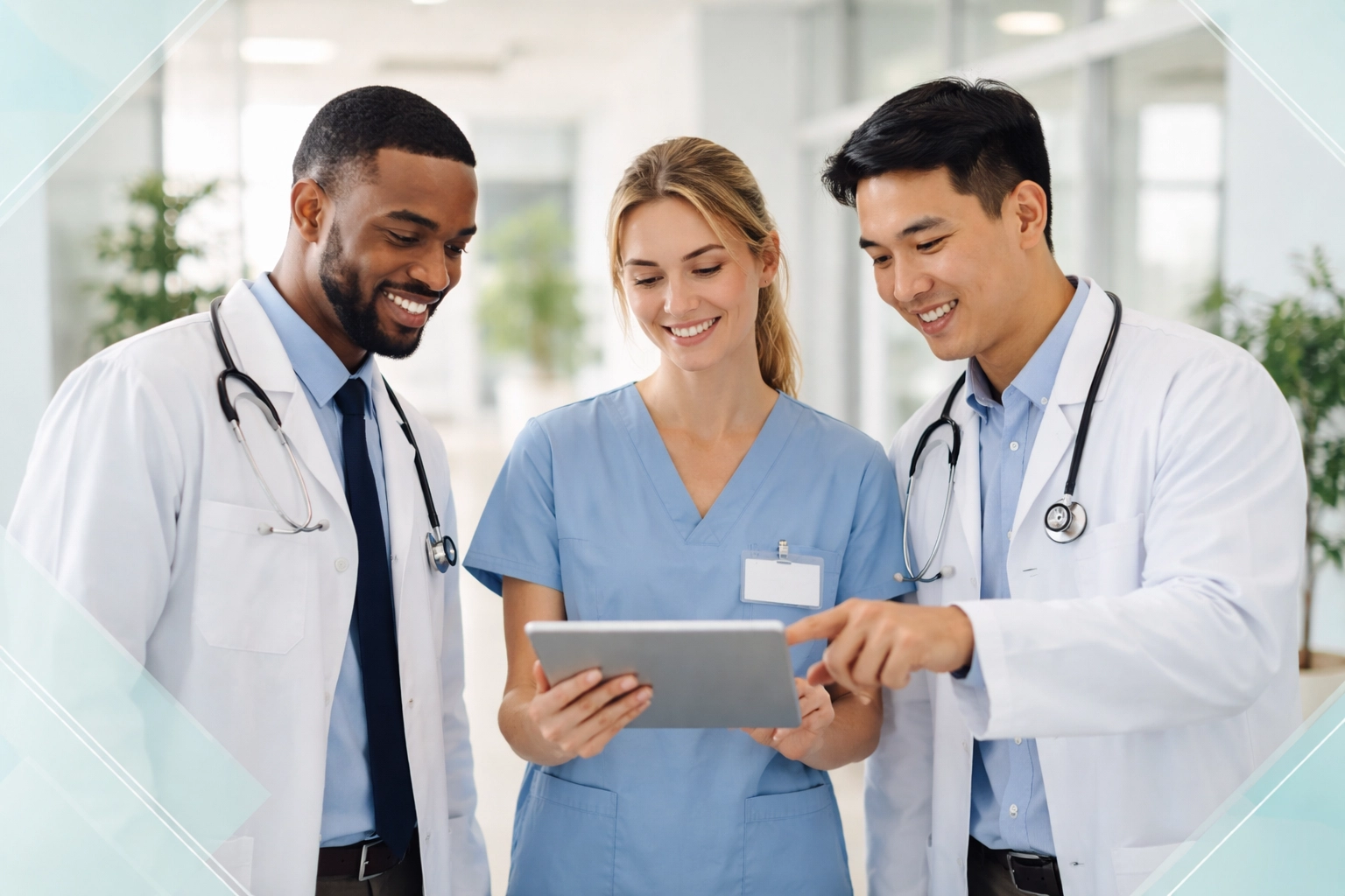 Healthcare professionals collaborating in a modern facility lobby, reflecting teamwork in managing Google reviews and patient trust