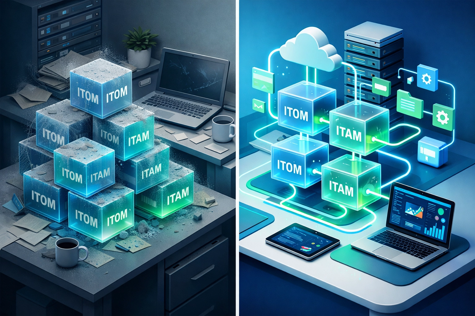 ITOM and ITAM license optimization showing unused versus integrated ServiceNow capabilities