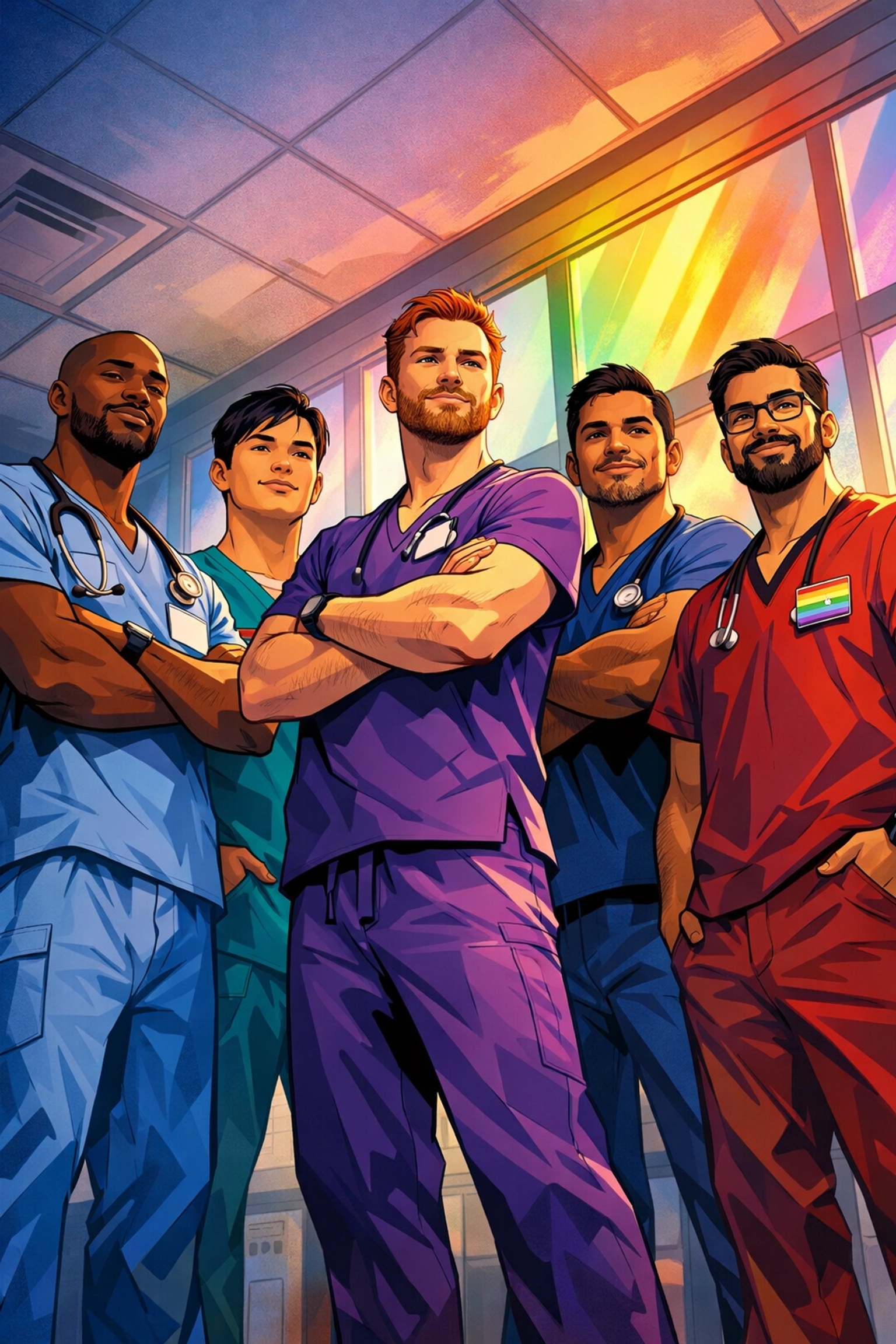 Diverse team of male nurses standing together in modern hospital setting