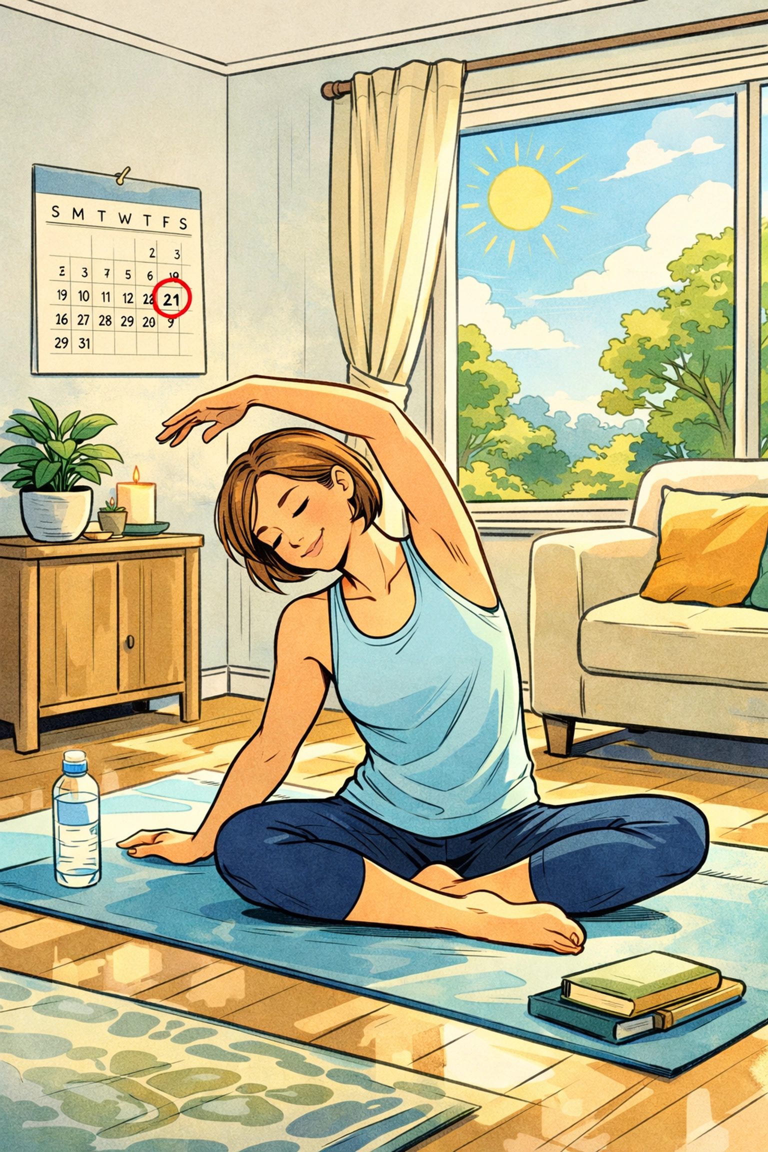 Person doing gentle stretches on yoga mat while preparing for an upcoming annual physical exam